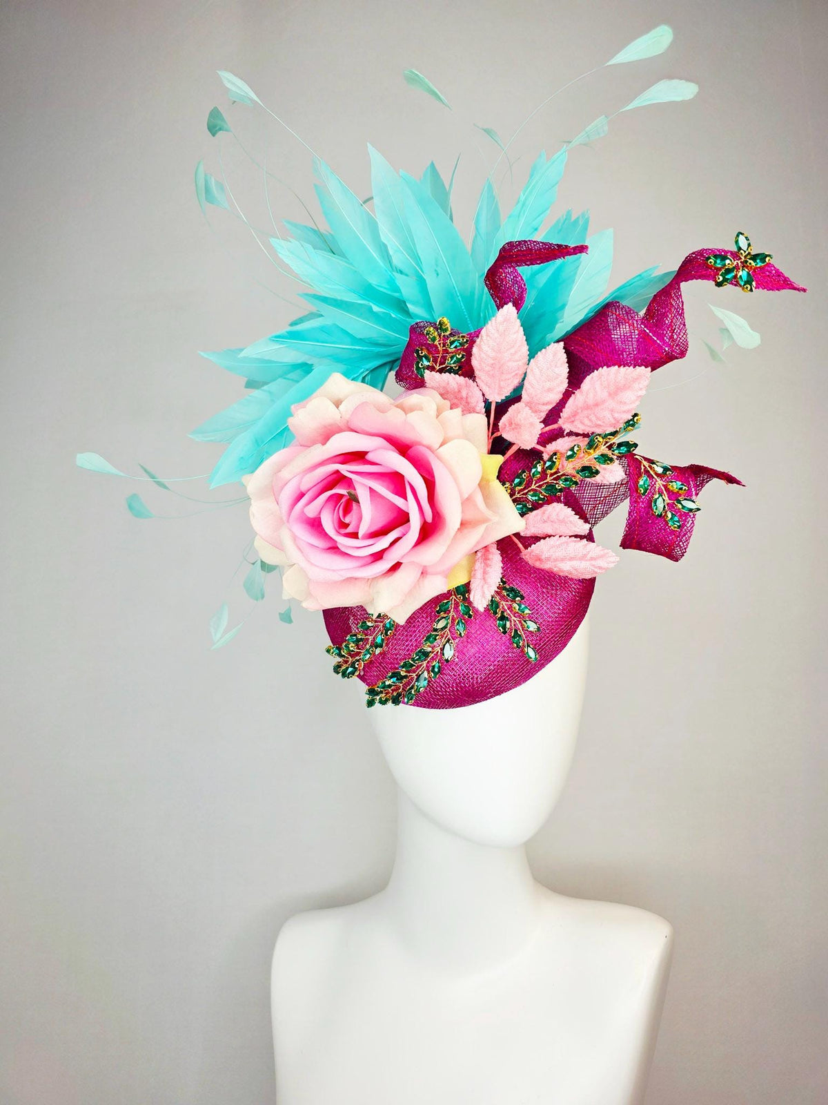 kentucky derby hat fascinator magenta pink sinamay with curls leaf vine green crystals ombre pink satin rose turquoise aqua blue feathers
