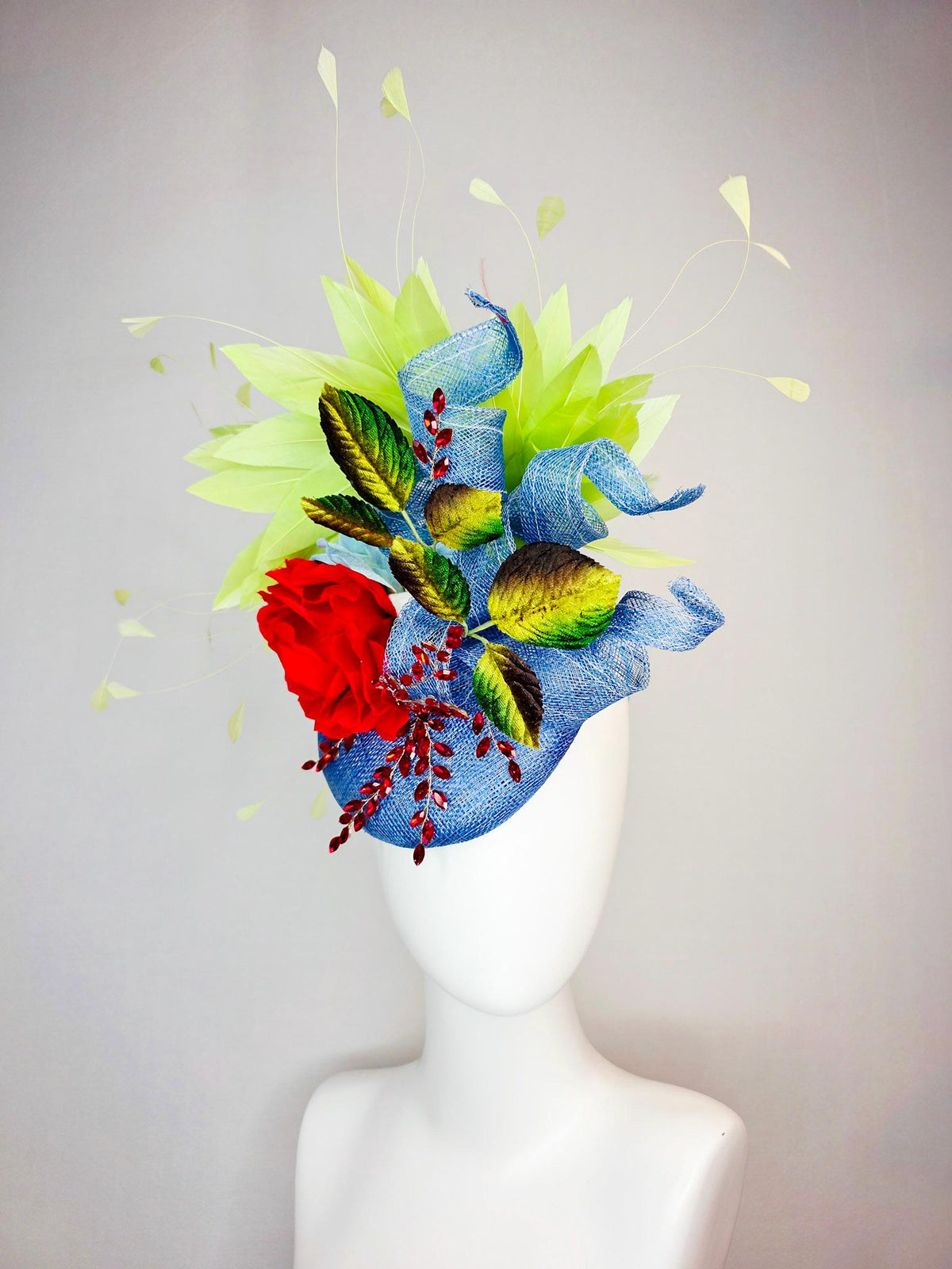kentucky derby hat fascinator denim blue sinamay with curls leaf vine red crystals red satin rose brown yellow leaves lime green feathers