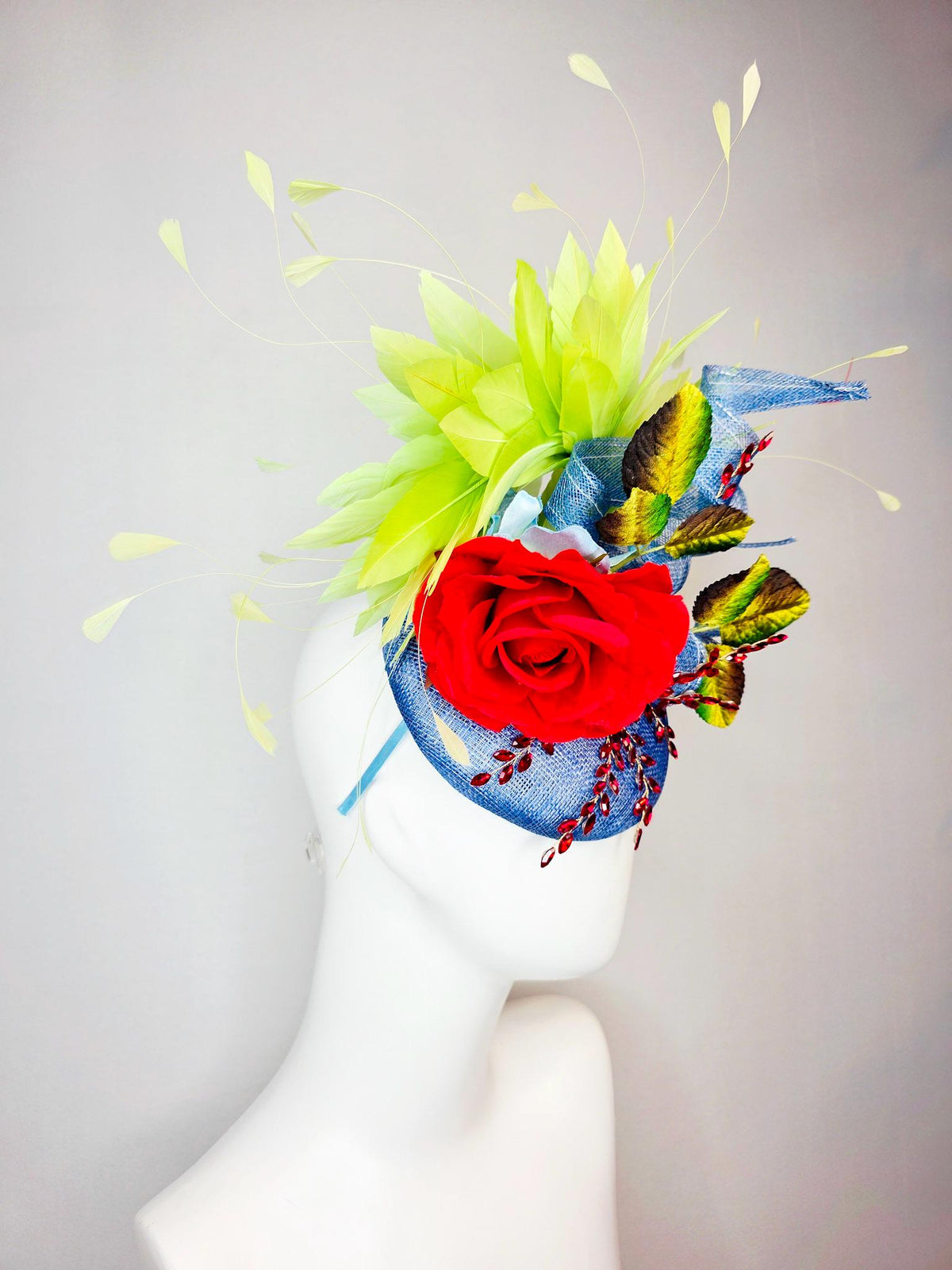 kentucky derby hat fascinator denim blue sinamay with curls leaf vine red crystals red satin rose brown yellow leaves lime green feathers