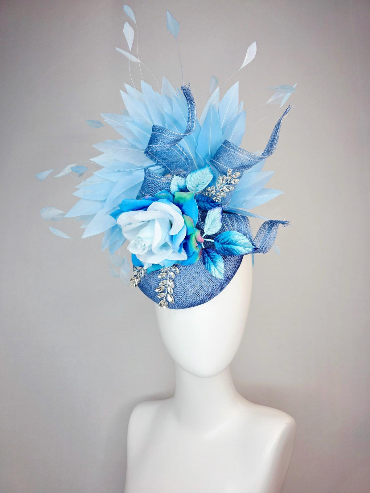 kentucky derby hat fascinator denim blue sinamay with curls leaf vine clear crystal sky blue satin rose ombre blue leaves baby blue feathers