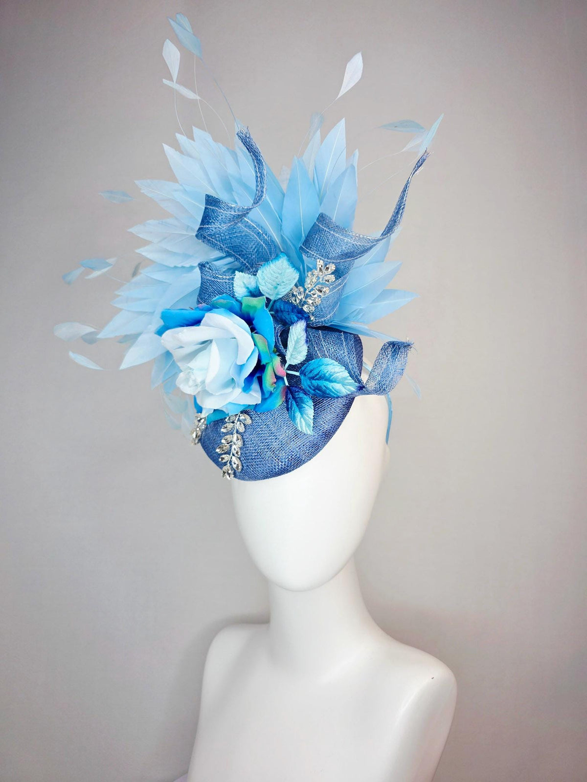 kentucky derby hat fascinator denim blue sinamay with curls leaf vine clear crystal sky blue satin rose ombre blue leaves baby blue feathers
