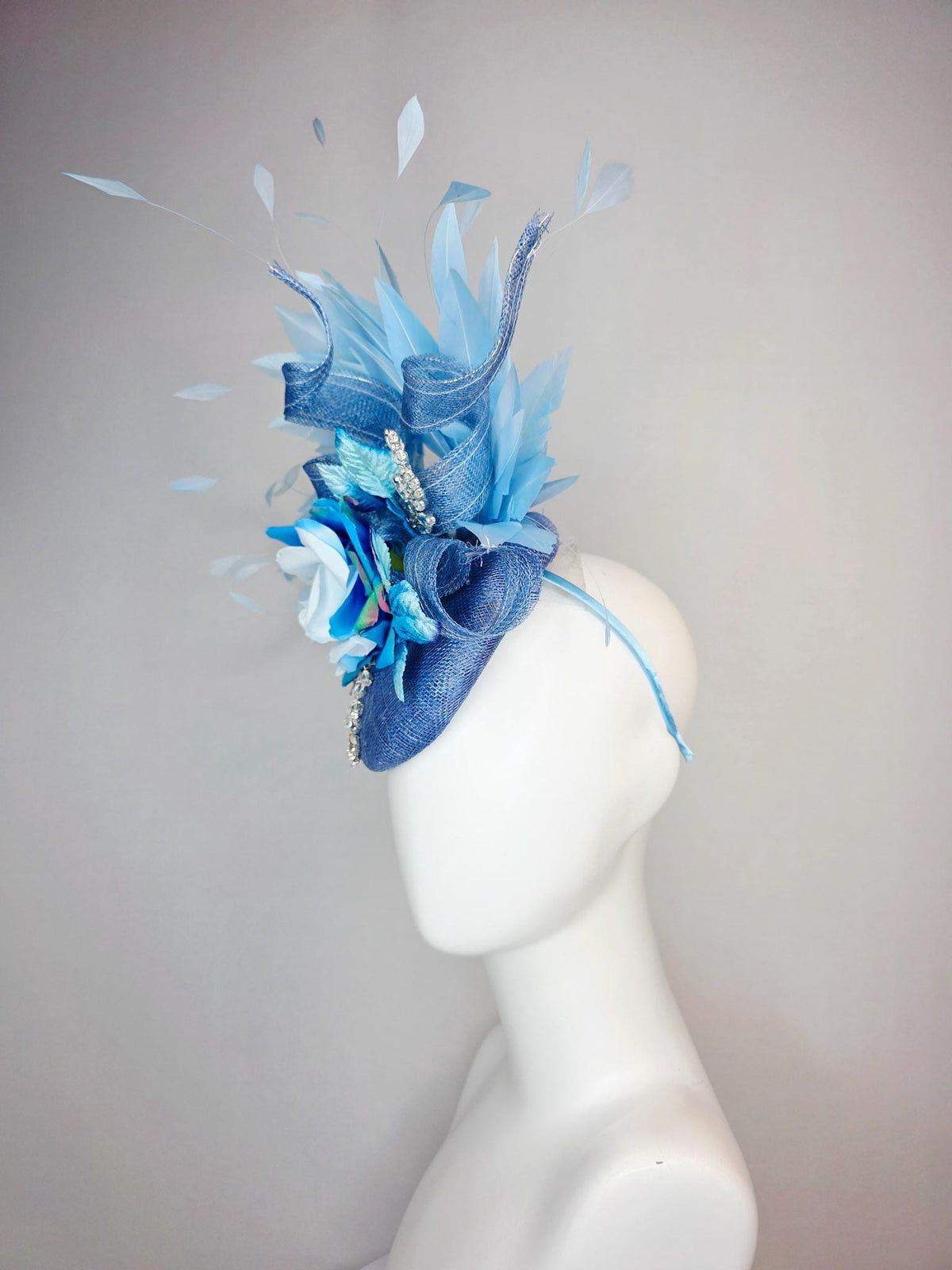 kentucky derby hat fascinator denim blue sinamay with curls leaf vine clear crystal sky blue satin rose ombre blue leaves baby blue feathers
