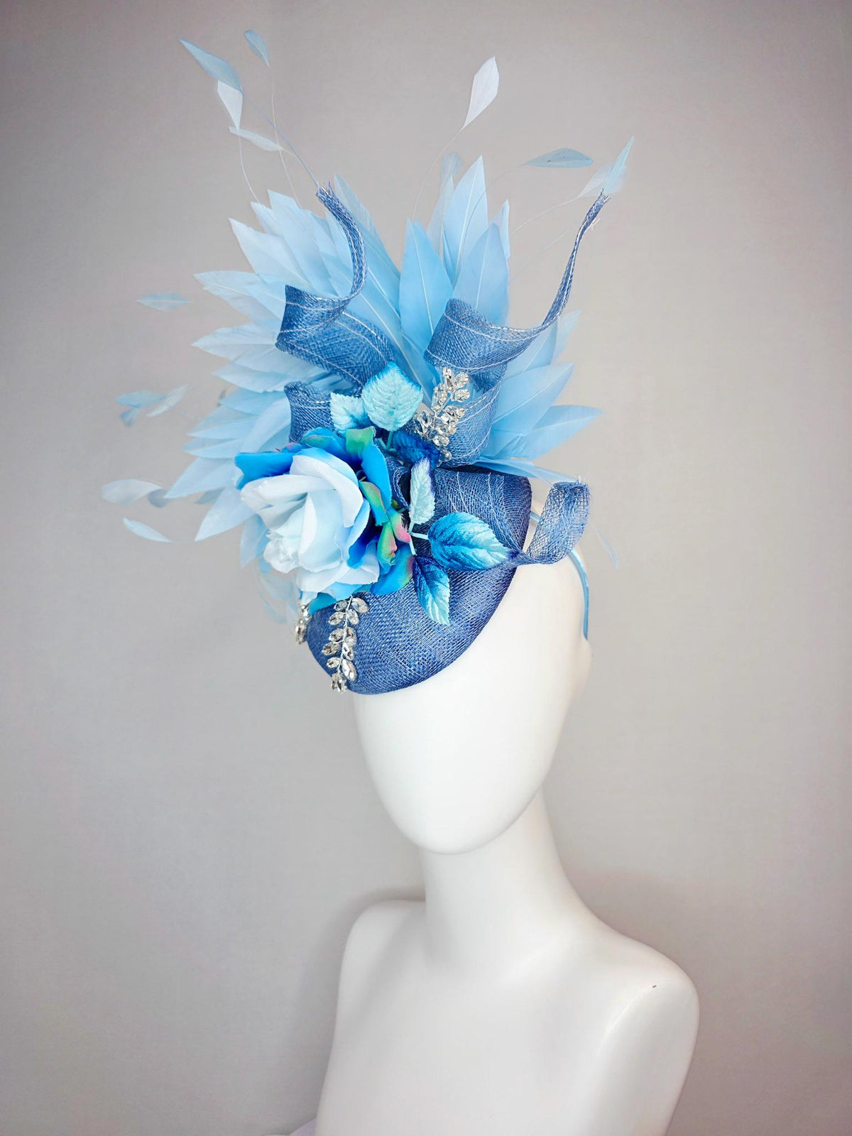 kentucky derby hat fascinator denim blue sinamay with curls leaf vine clear crystal sky blue satin rose ombre blue leaves baby blue feathers
