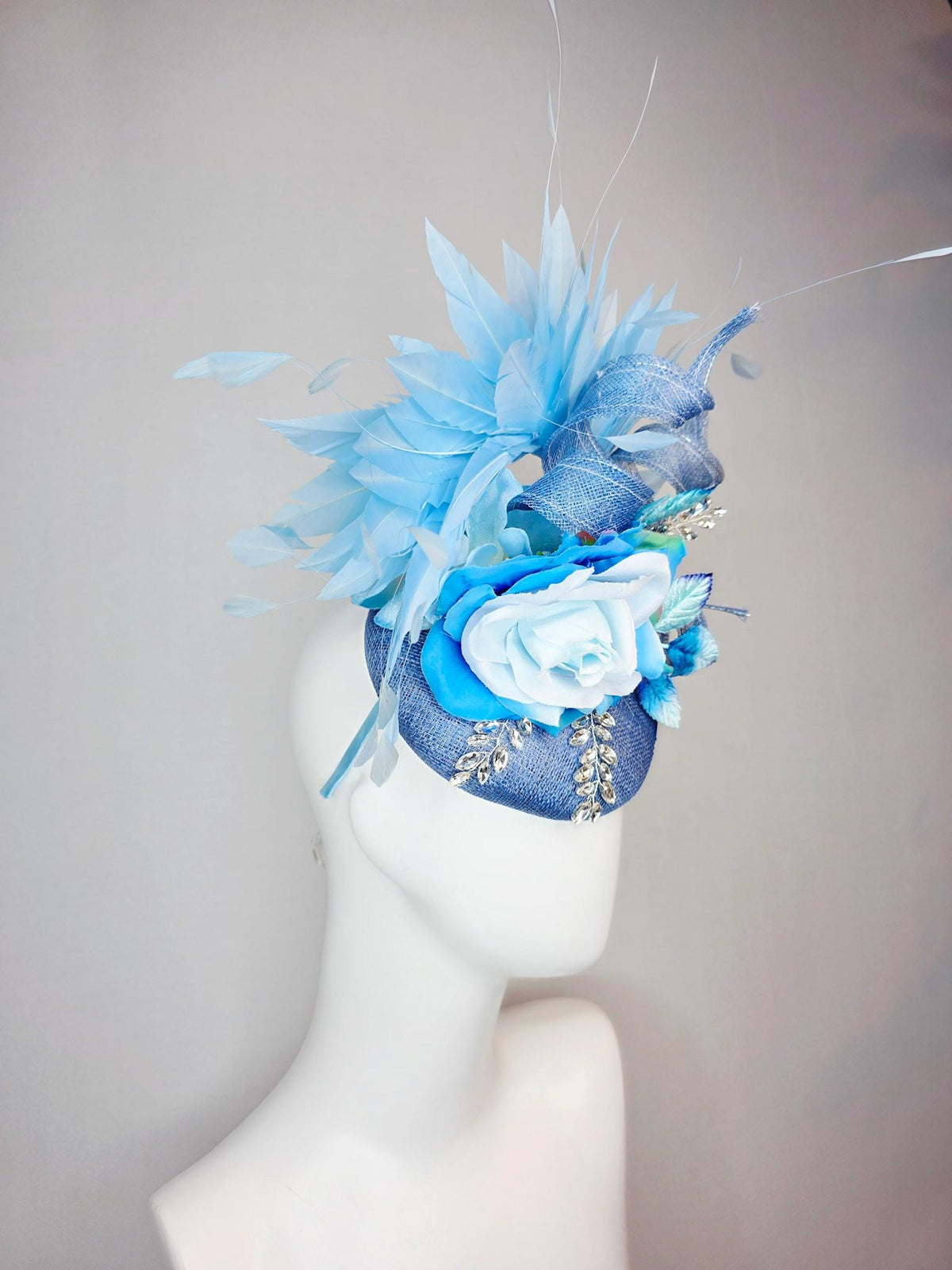 kentucky derby hat fascinator denim blue sinamay with curls leaf vine clear crystal sky blue satin rose ombre blue leaves baby blue feathers