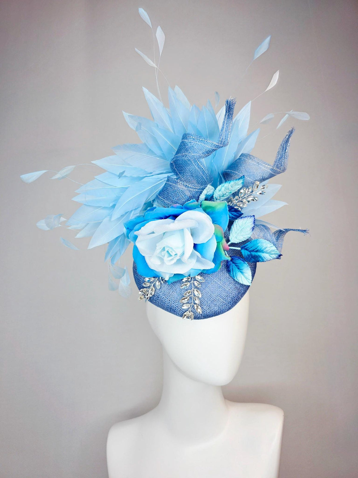 kentucky derby hat fascinator denim blue sinamay with curls leaf vine clear crystal sky blue satin rose ombre blue leaves baby blue feathers