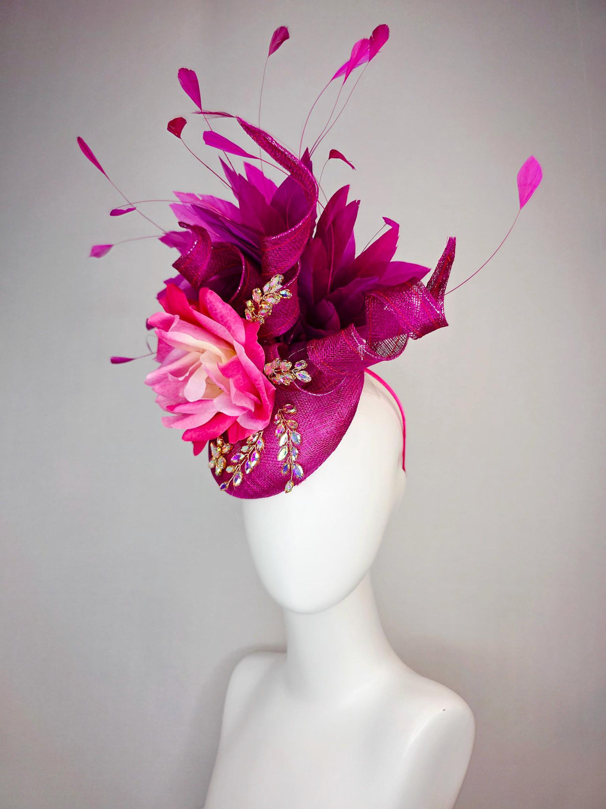 kentucky derby hat fascinator magenta purple sinamay with curls leaf vine iridescent crystals ombre hot pink satin rose magenta feathers