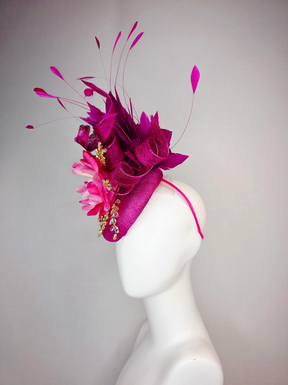 kentucky derby hat fascinator magenta purple sinamay with curls leaf vine iridescent crystals ombre hot pink satin rose magenta feathers