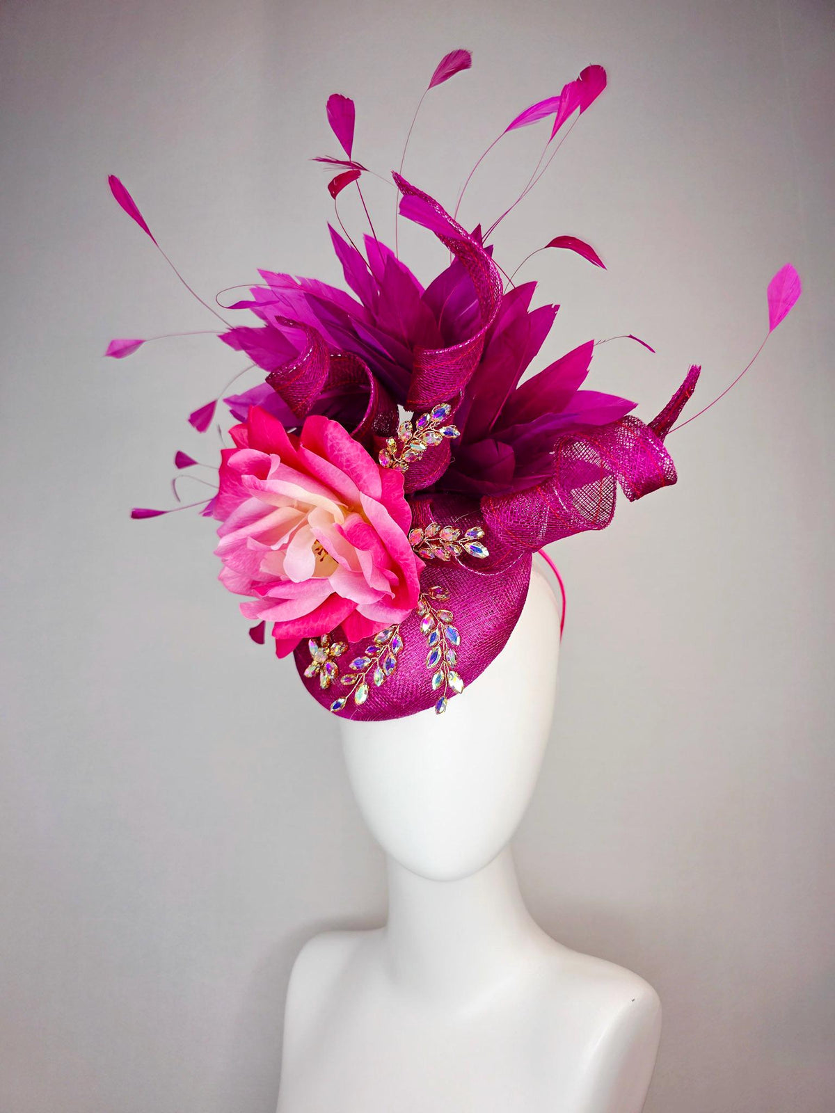 kentucky derby hat fascinator magenta purple sinamay with curls leaf vine iridescent crystals ombre hot pink satin rose magenta feathers