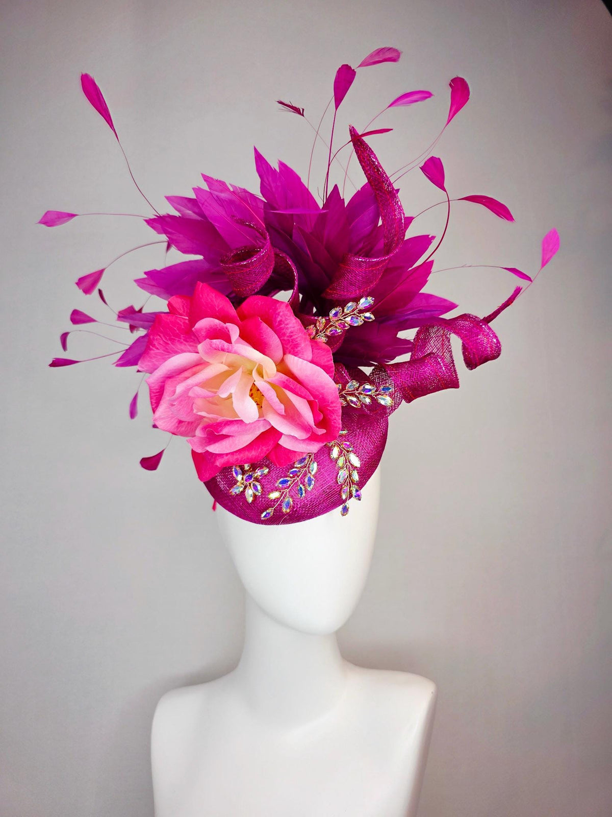 kentucky derby hat fascinator magenta purple sinamay with curls leaf vine iridescent crystals ombre hot pink satin rose magenta feathers