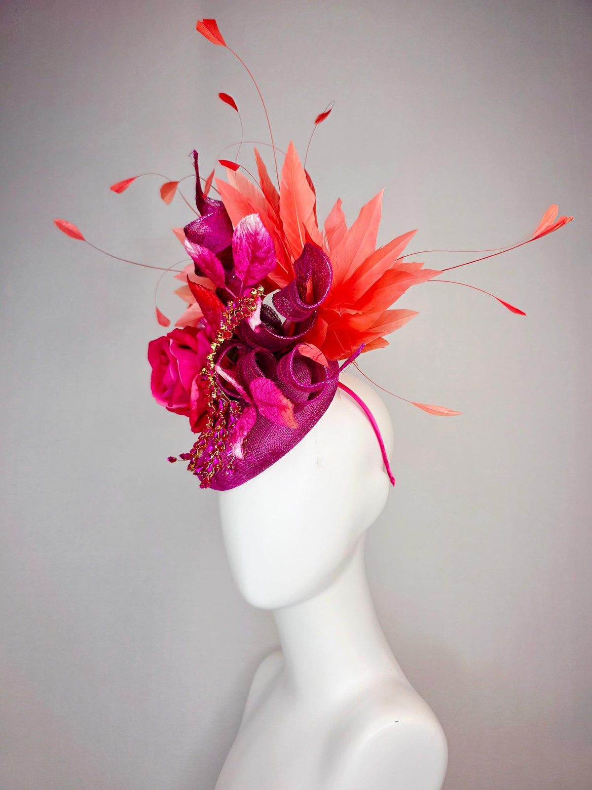 kentucky derby hat fascinator magenta purple sinamay with curls leaf vine pink crystal rhinestone hot pink satin rose leaves orange feathers