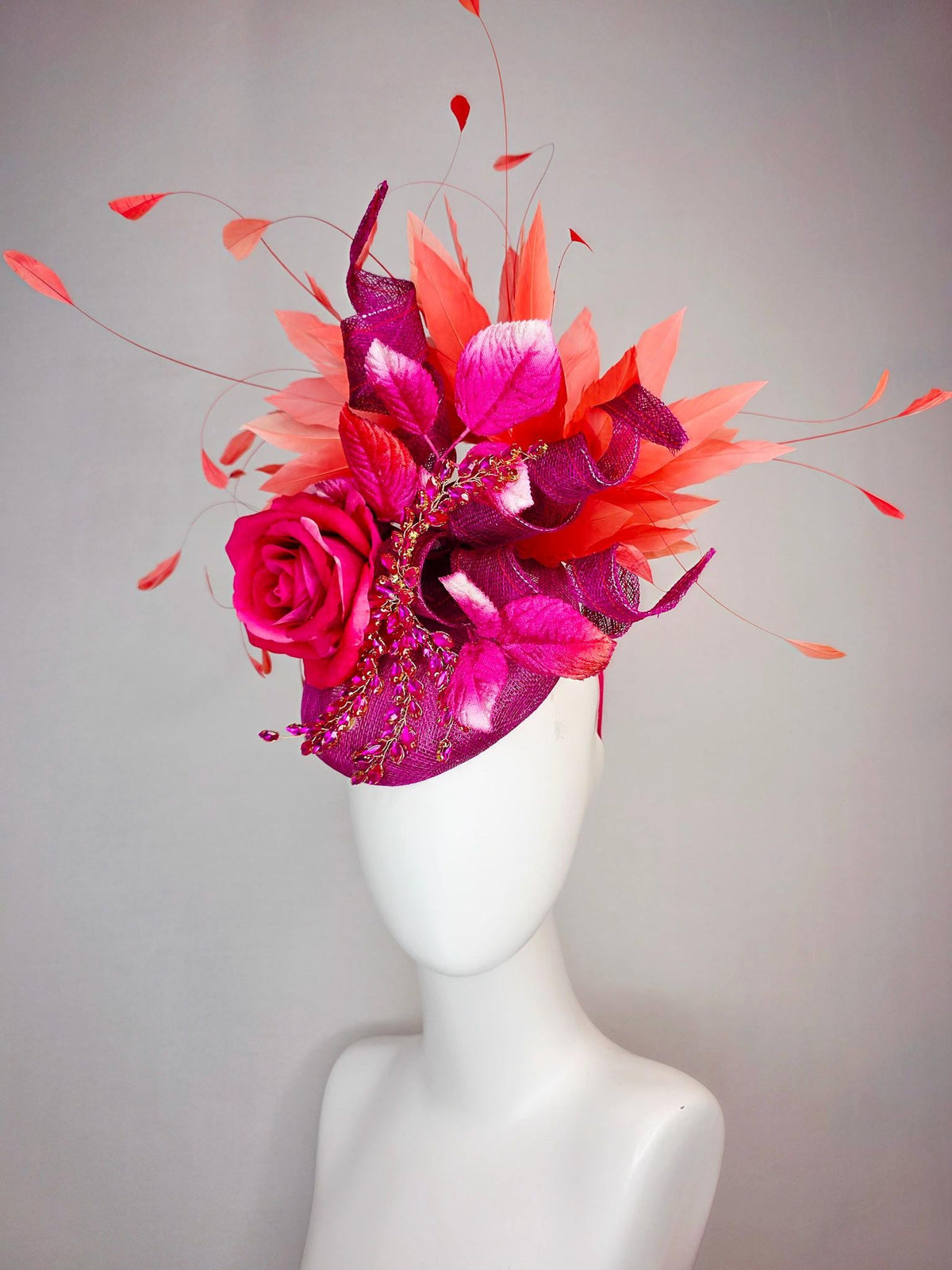 kentucky derby hat fascinator magenta purple sinamay with curls leaf vine pink crystal rhinestone hot pink satin rose leaves orange feathers