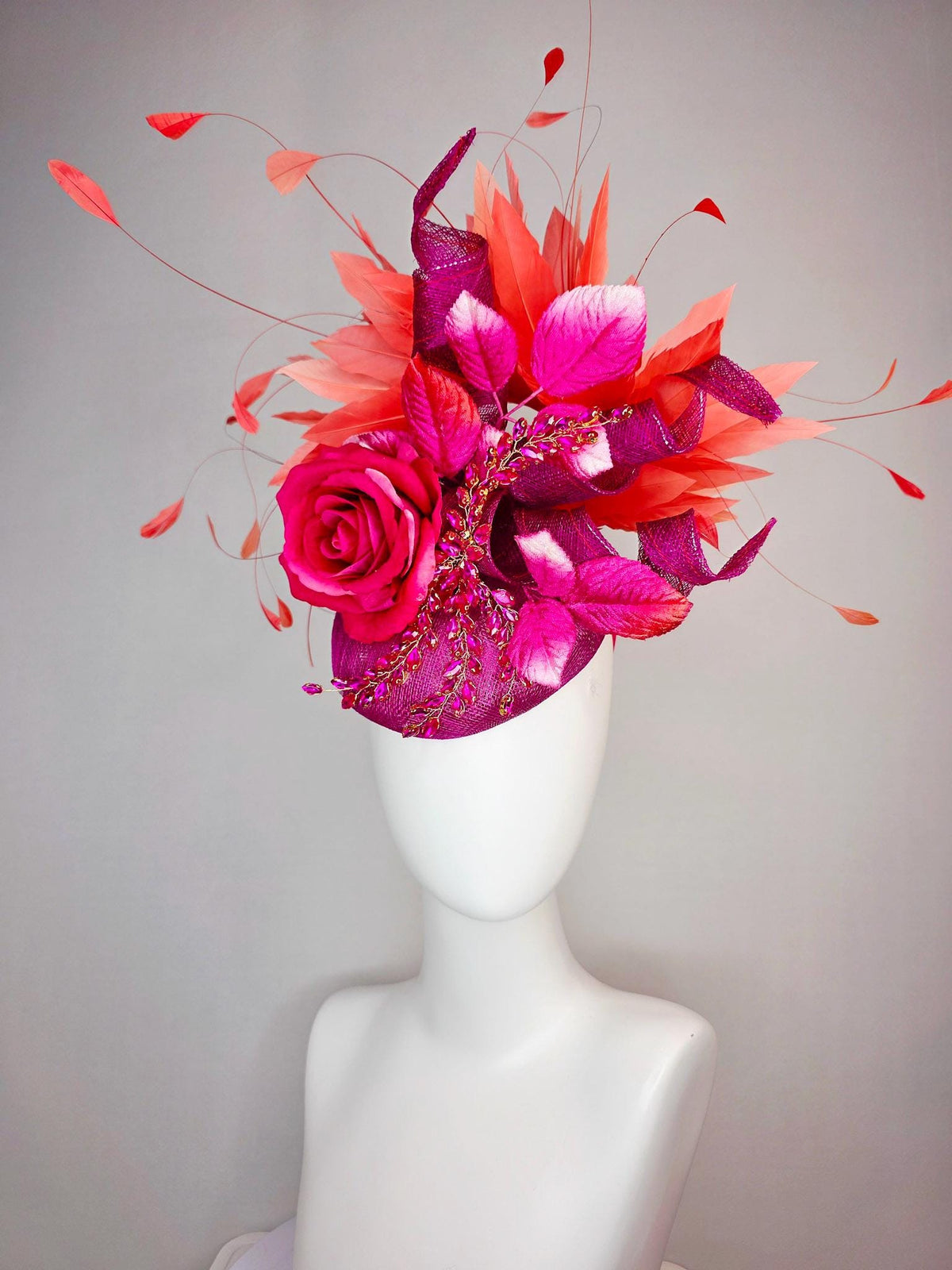 kentucky derby hat fascinator magenta purple sinamay with curls leaf vine pink crystal rhinestone hot pink satin rose leaves orange feathers