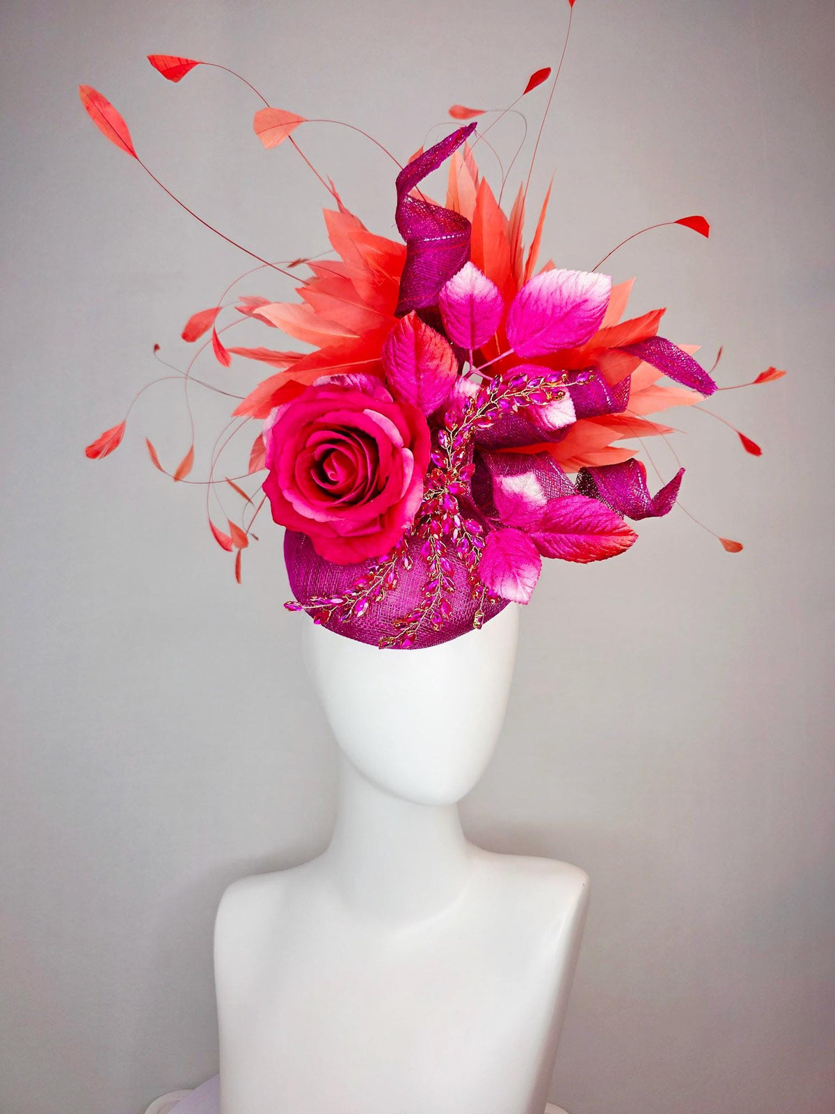 kentucky derby hat fascinator magenta purple sinamay with curls leaf vine pink crystal rhinestone hot pink satin rose leaves orange feathers