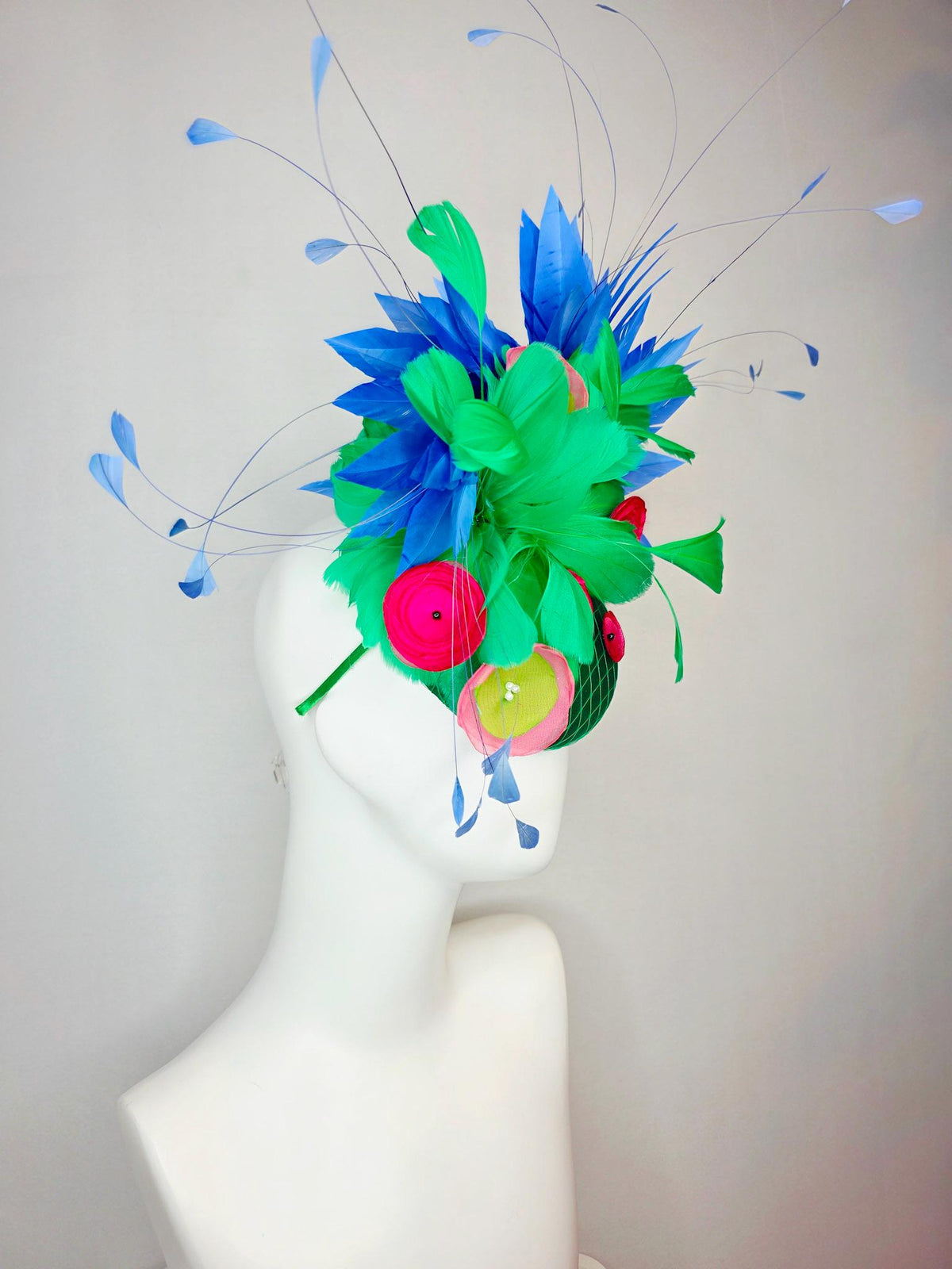 kentucky derby hat fascinator emerald green satin with netting emerald green feathers pink red lime green satin flowers royal blue feathers