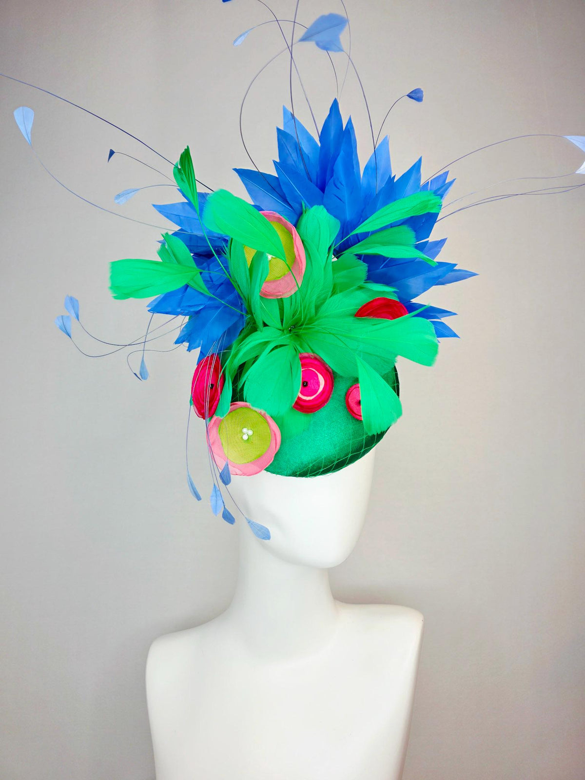 kentucky derby hat fascinator emerald green satin with netting emerald green feathers pink red lime green satin flowers royal blue feathers