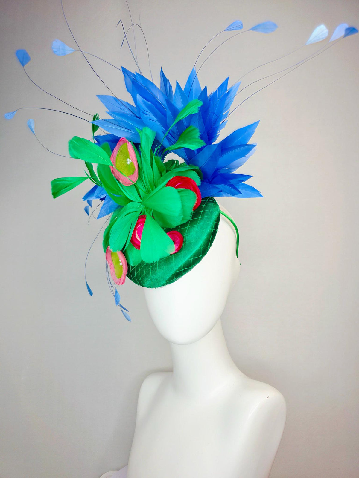 kentucky derby hat fascinator emerald green satin with netting emerald green feathers pink red lime green satin flowers royal blue feathers