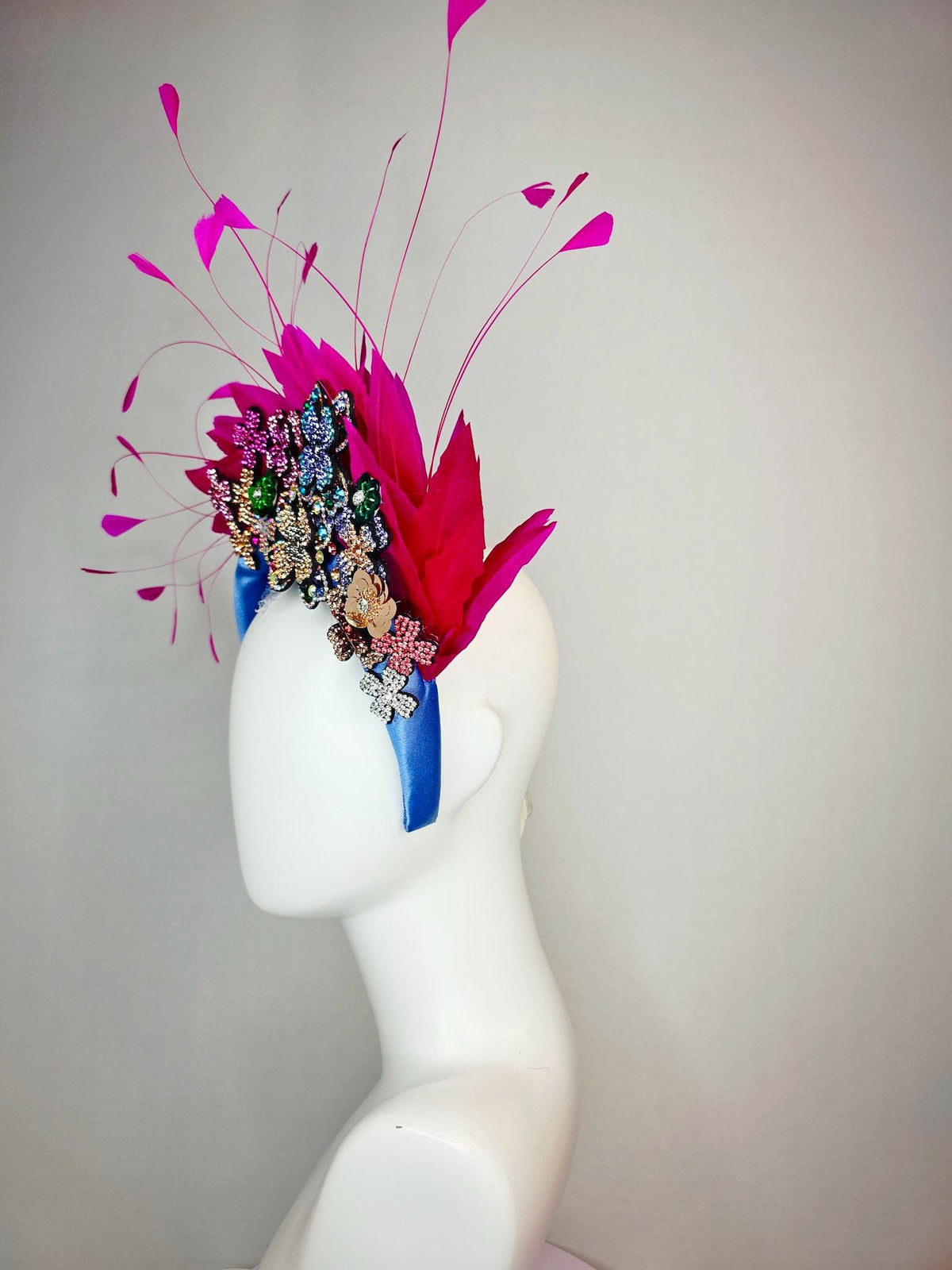 kentucky derby hat fascinator blue satin headband with colorful silver gold red pink green blue purple crystal flowers bright pink feathers