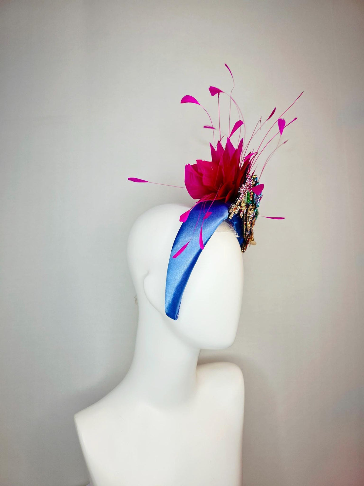 kentucky derby hat fascinator blue satin headband with colorful silver gold red pink green blue purple crystal flowers bright pink feathers