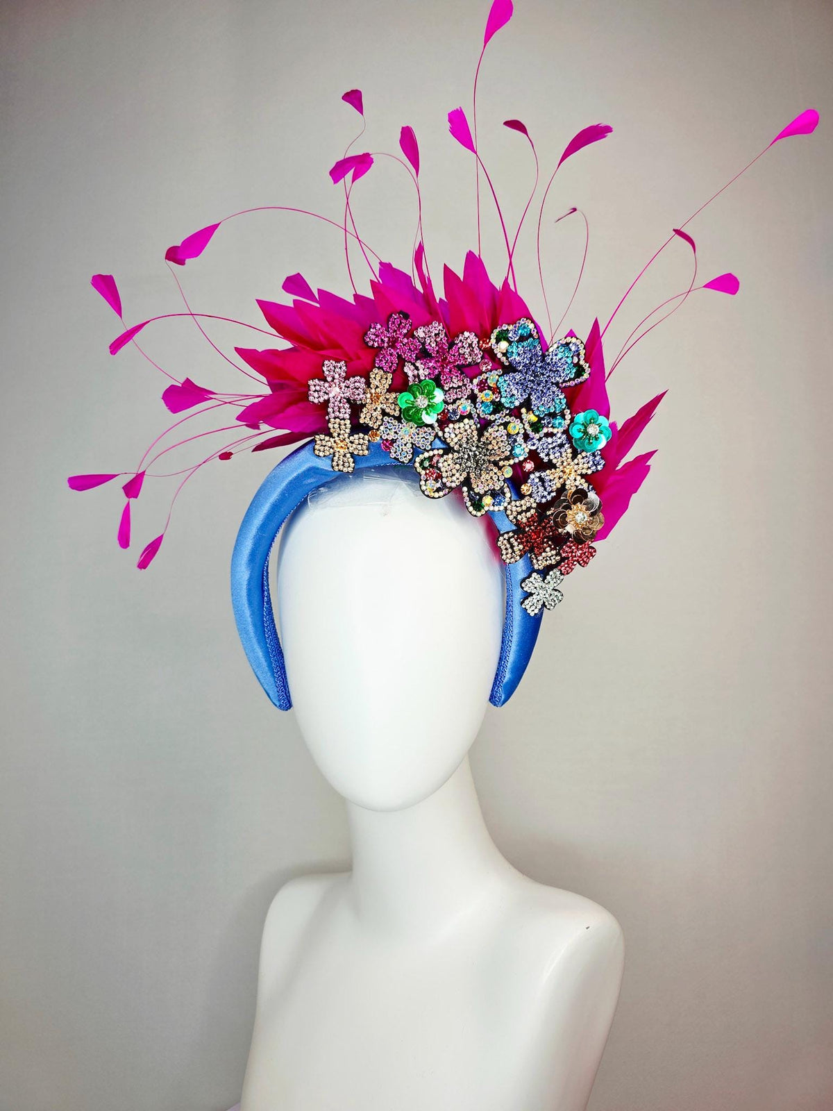 kentucky derby hat fascinator blue satin headband with colorful silver gold red pink green blue purple crystal flowers bright pink feathers