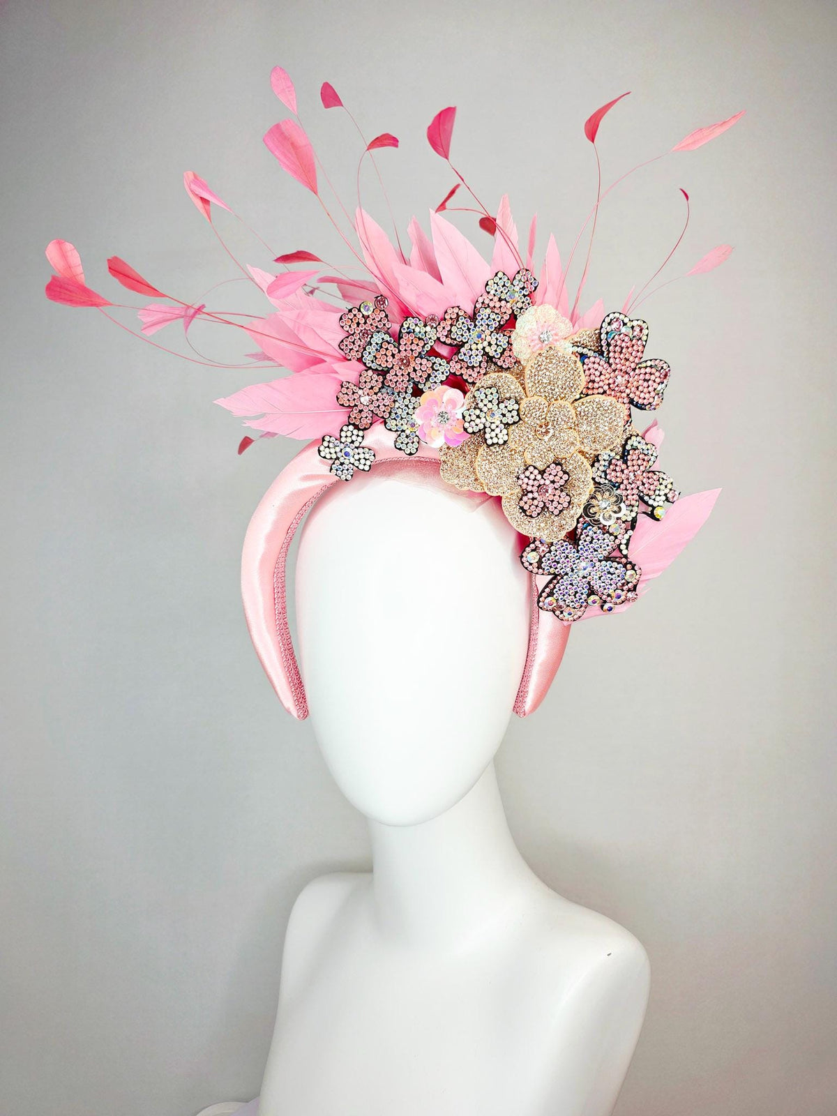 kentucky derby hat fascinator light pink satin headband with silver gold pink iridescent crystal flowers light baby pink branching feathers