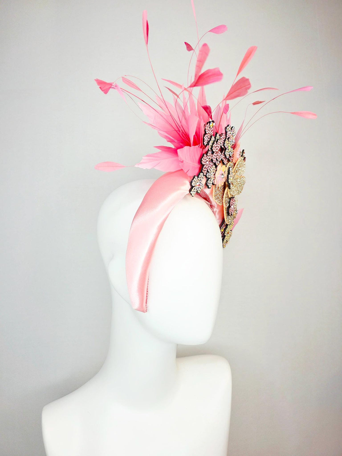 kentucky derby hat fascinator light pink satin headband with silver gold pink iridescent crystal flowers light baby pink branching feathers