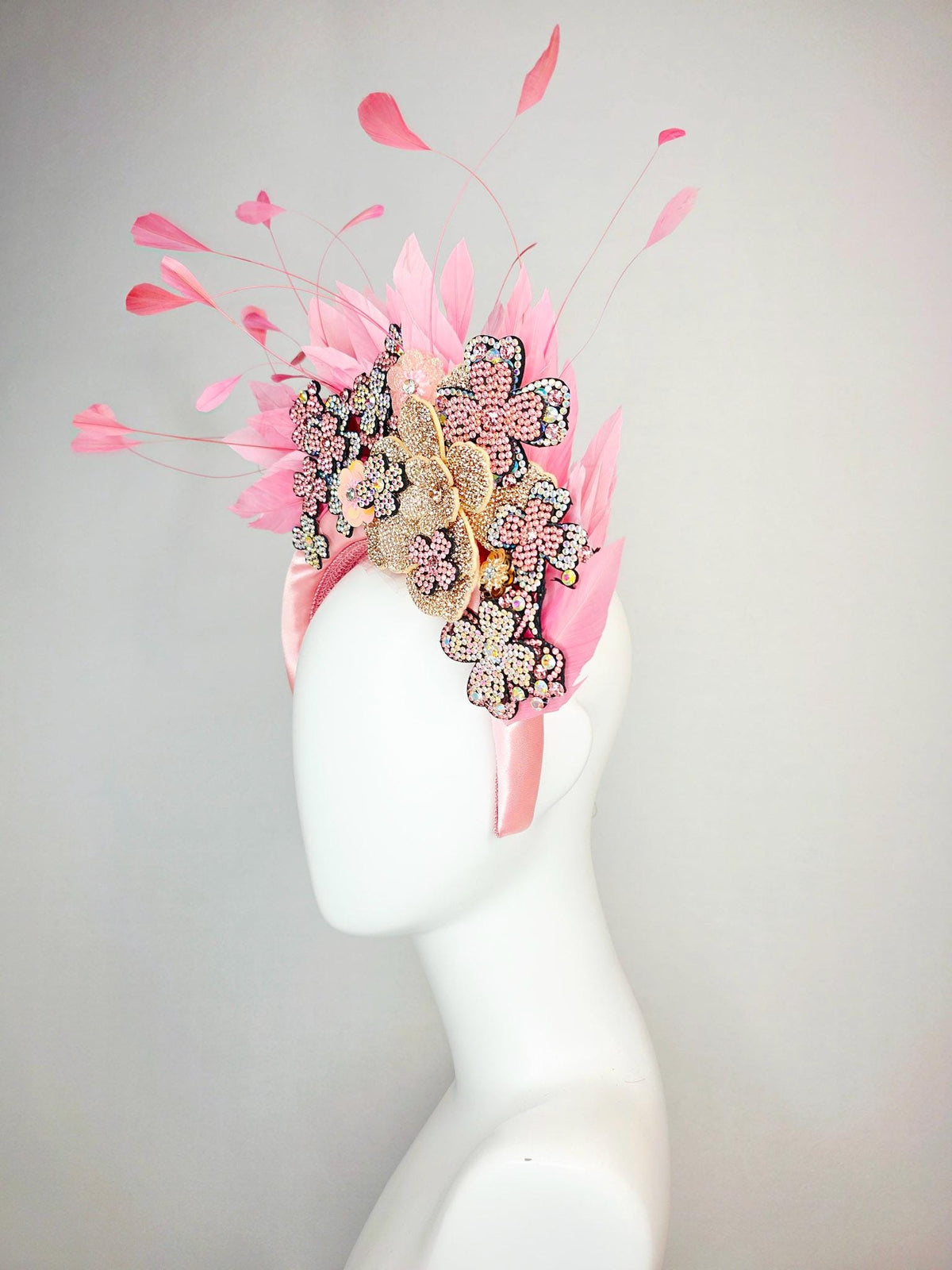kentucky derby hat fascinator light pink satin headband with silver gold pink iridescent crystal flowers light baby pink branching feathers