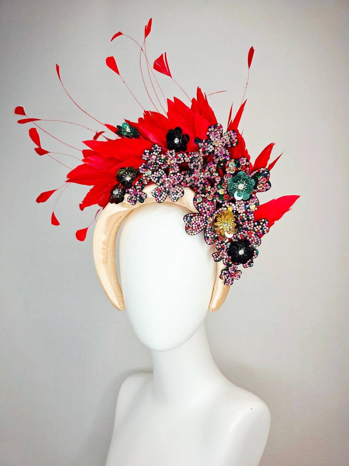 kentucky derby hat fascinator ivory champagne satin headband with colorful black red pink green gold crystal flowers scarlet red feathers