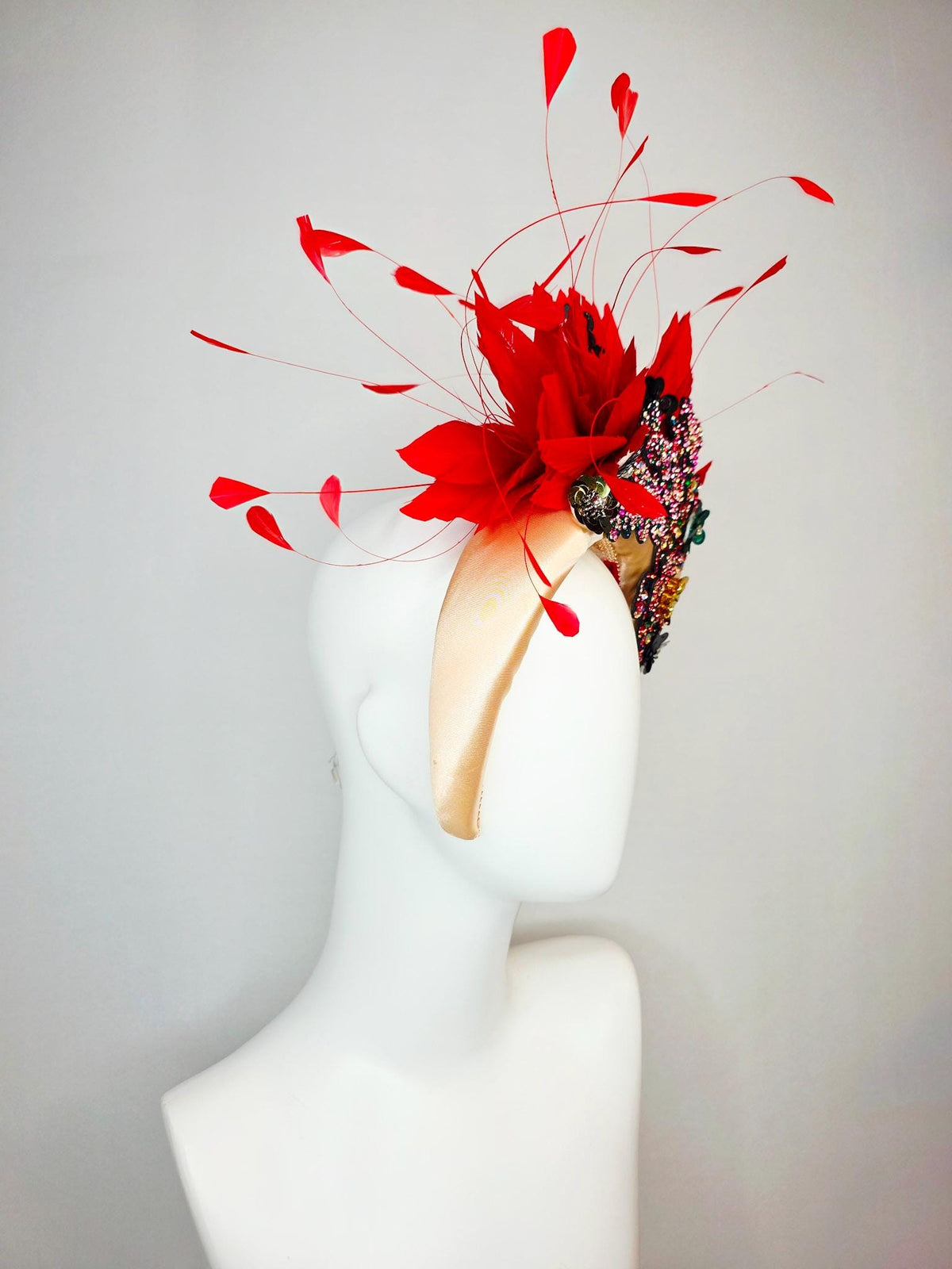 kentucky derby hat fascinator ivory champagne satin headband with colorful black red pink green gold crystal flowers scarlet red feathers