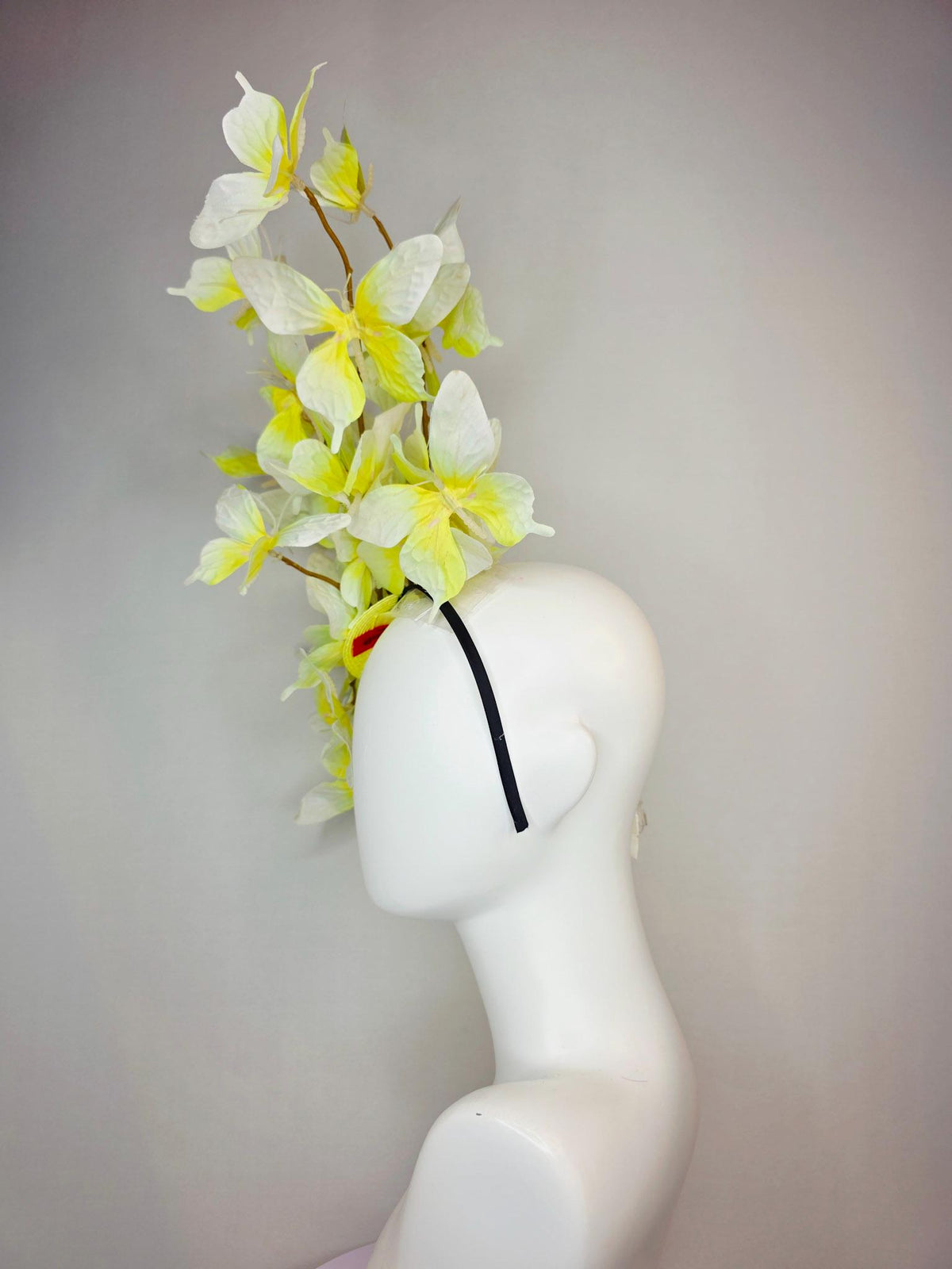 kentucky derby hat fascinator large branching ivory white yellow fabric butterflies on headband