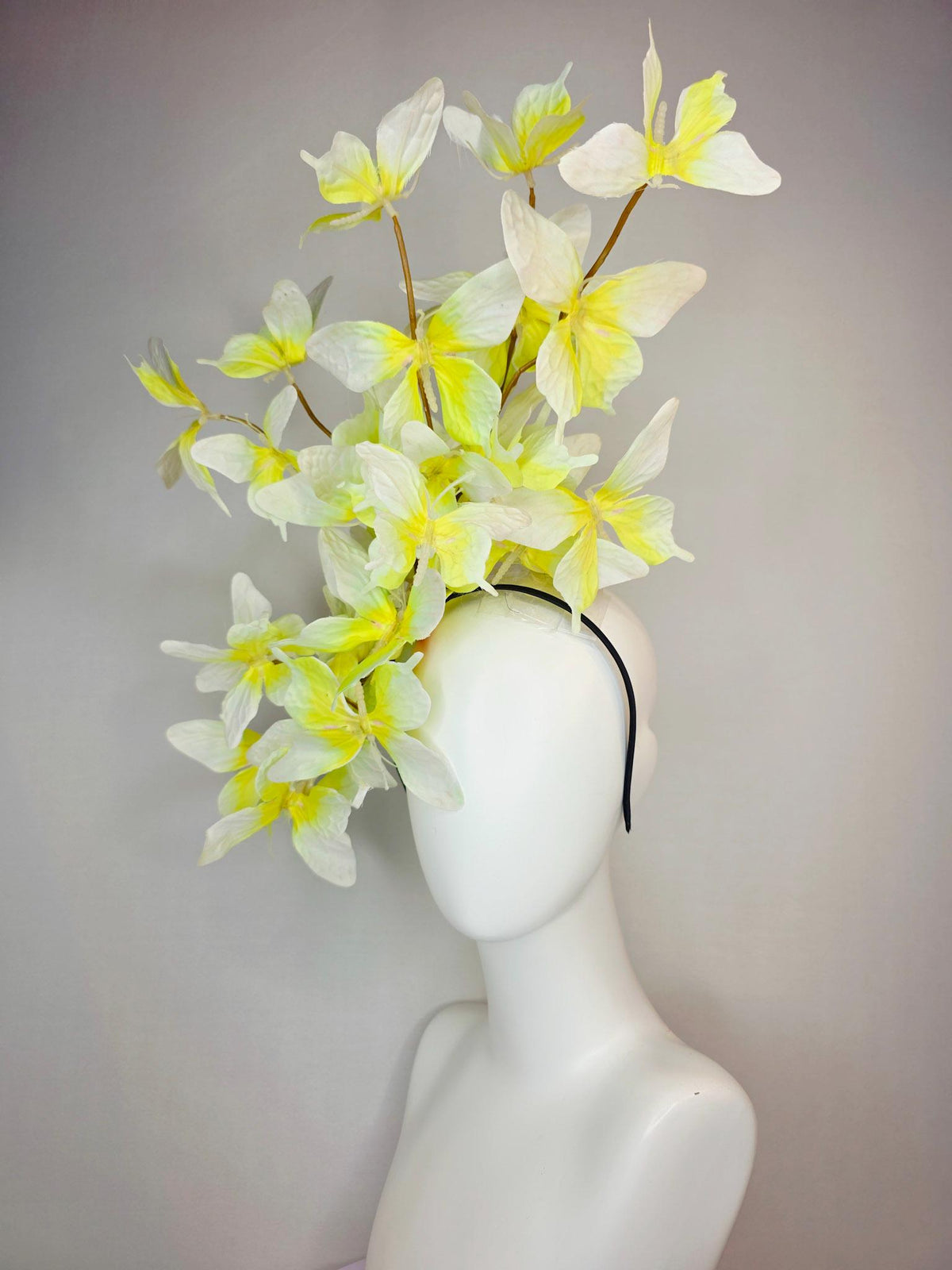 kentucky derby hat fascinator large branching ivory white yellow fabric butterflies on headband