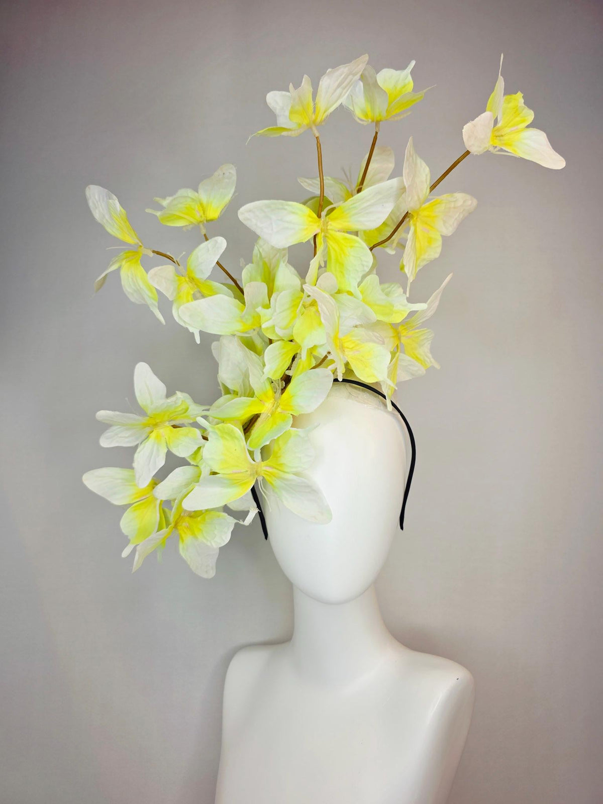 kentucky derby hat fascinator large branching ivory white yellow fabric butterflies on headband