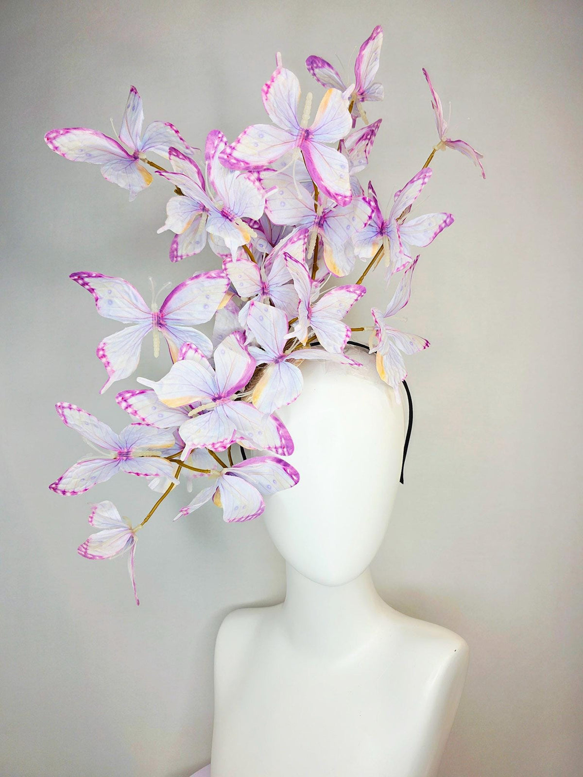kentucky derby hat fascinator large branching light lilac lavender purple yellow white fabric butterflies on headband