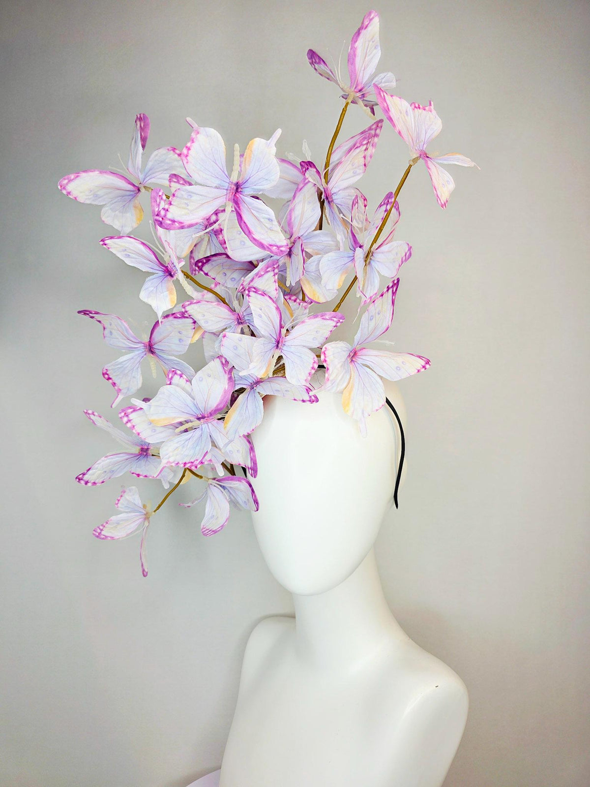 kentucky derby hat fascinator large branching light lilac lavender purple yellow white fabric butterflies on headband