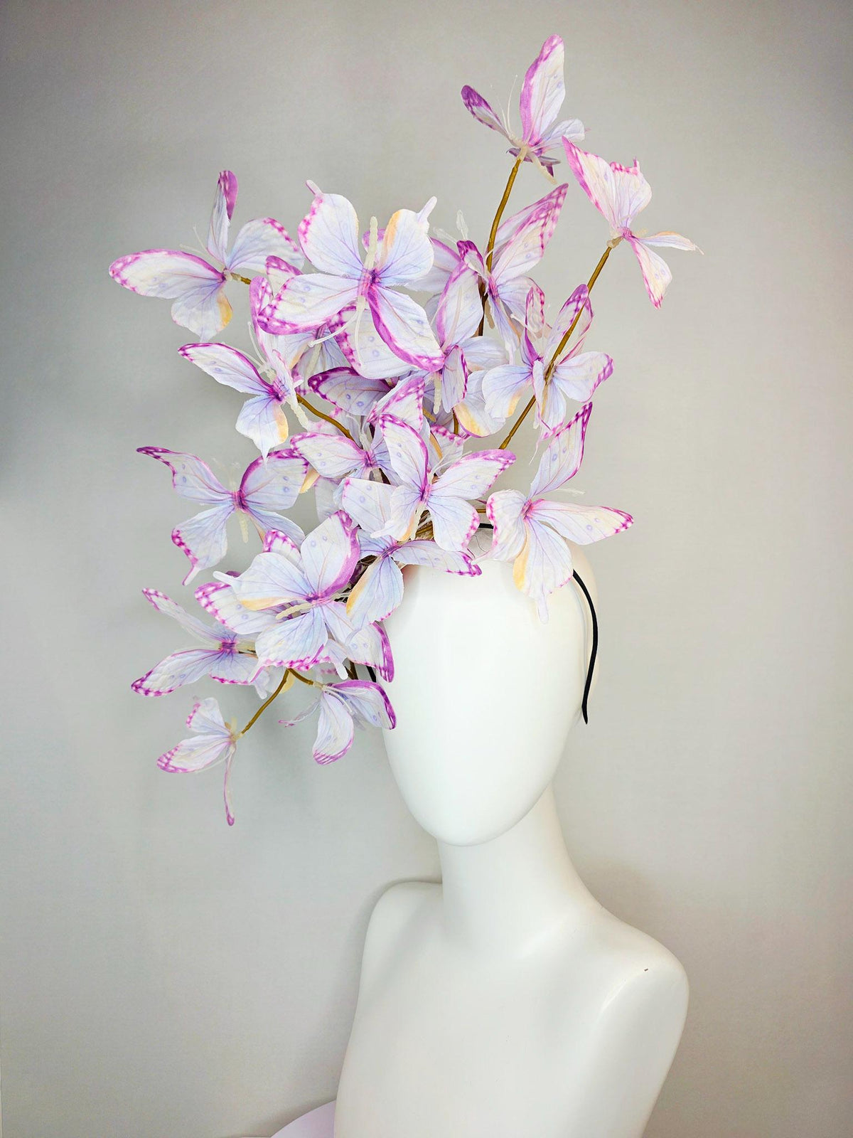 kentucky derby hat fascinator large branching light lilac lavender purple yellow white fabric butterflies on headband
