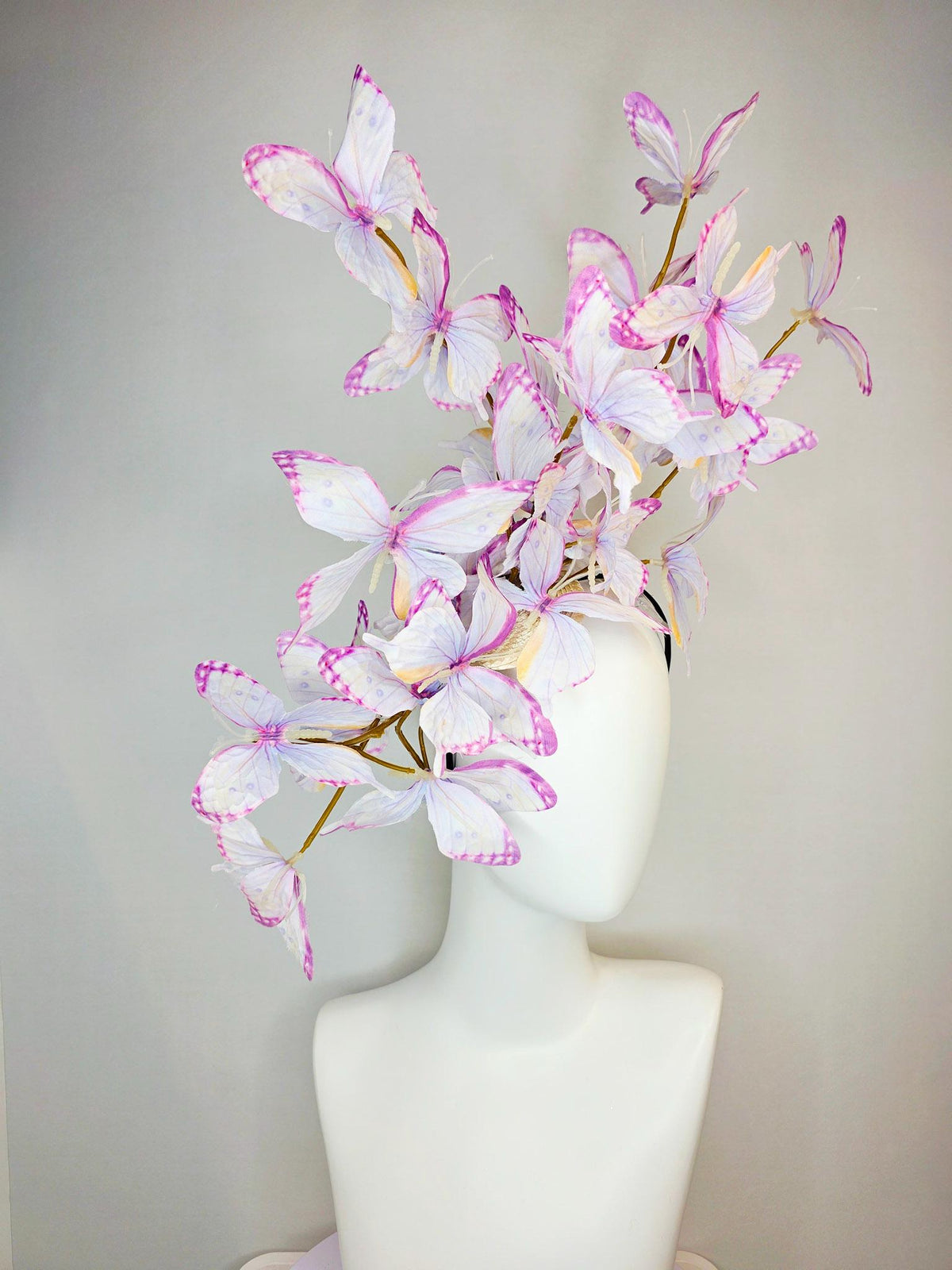 kentucky derby hat fascinator large branching light lilac lavender purple yellow white fabric butterflies on headband