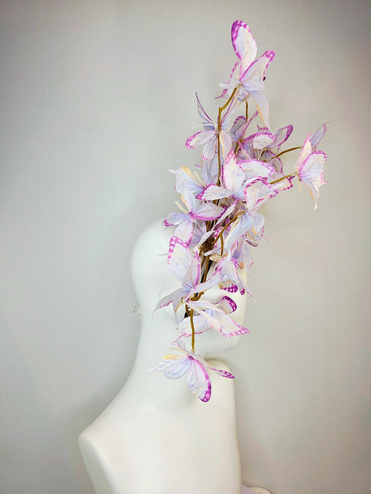 kentucky derby hat fascinator large branching light lilac lavender purple yellow white fabric butterflies on headband
