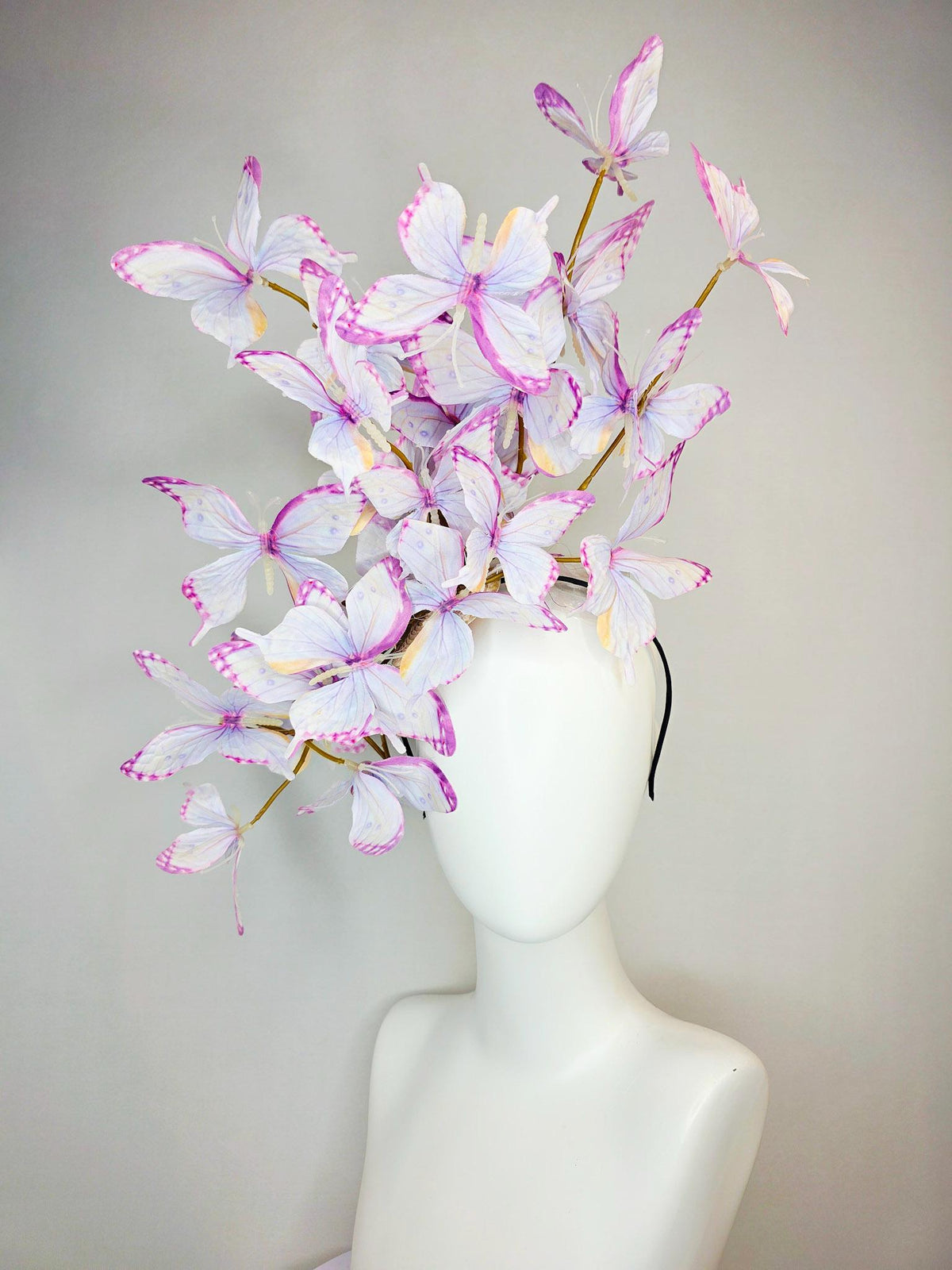 kentucky derby hat fascinator large branching light lilac lavender purple yellow white fabric butterflies on headband