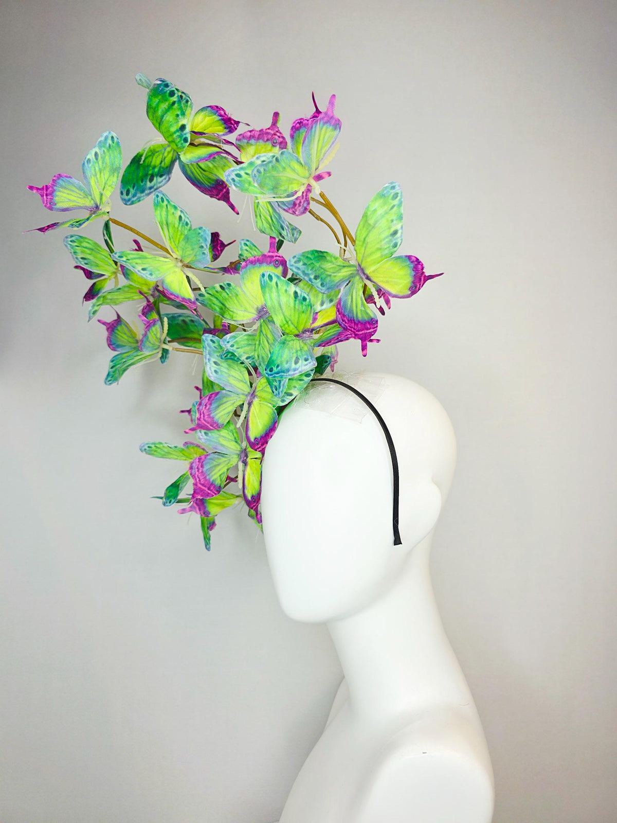 kentucky derby hat fascinator large branching colorful magenta pink purple lime green yellow blue fabric butterflies on headband