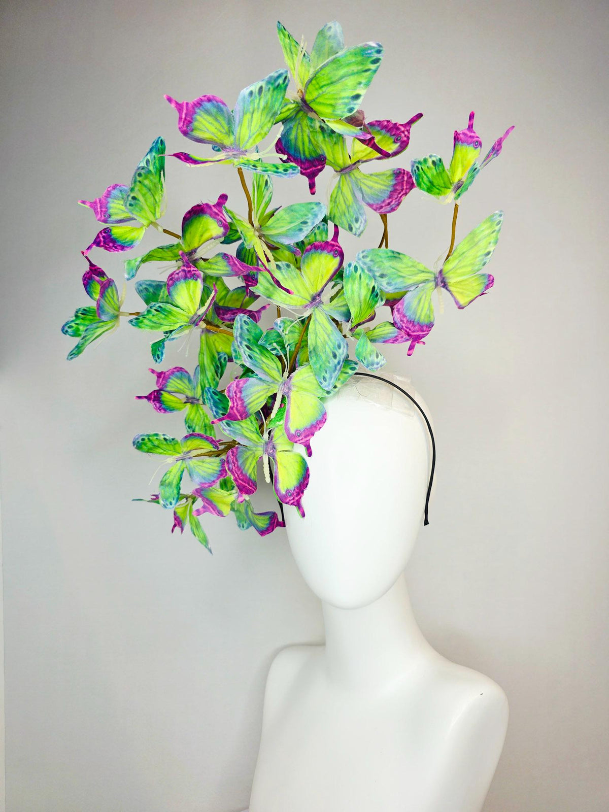 kentucky derby hat fascinator large branching colorful magenta pink purple lime green yellow blue fabric butterflies on headband