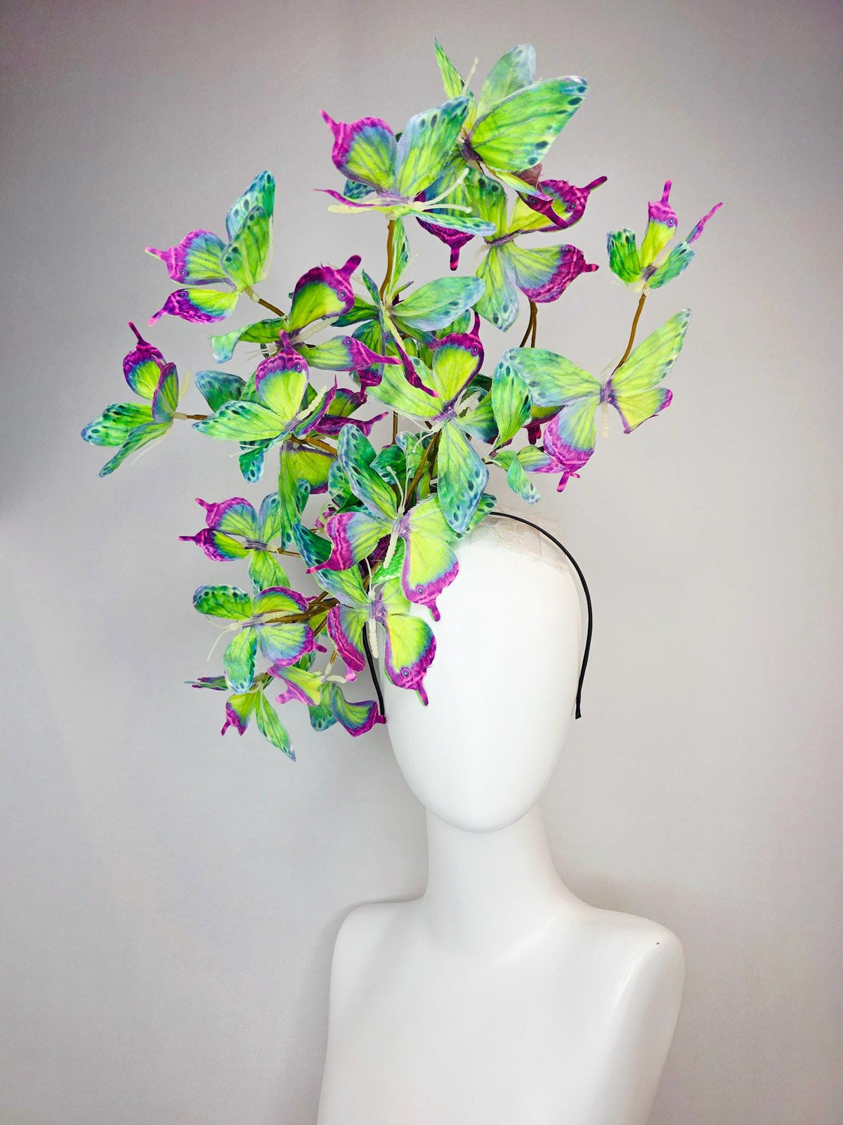 kentucky derby hat fascinator large branching colorful magenta pink purple lime green yellow blue fabric butterflies on headband