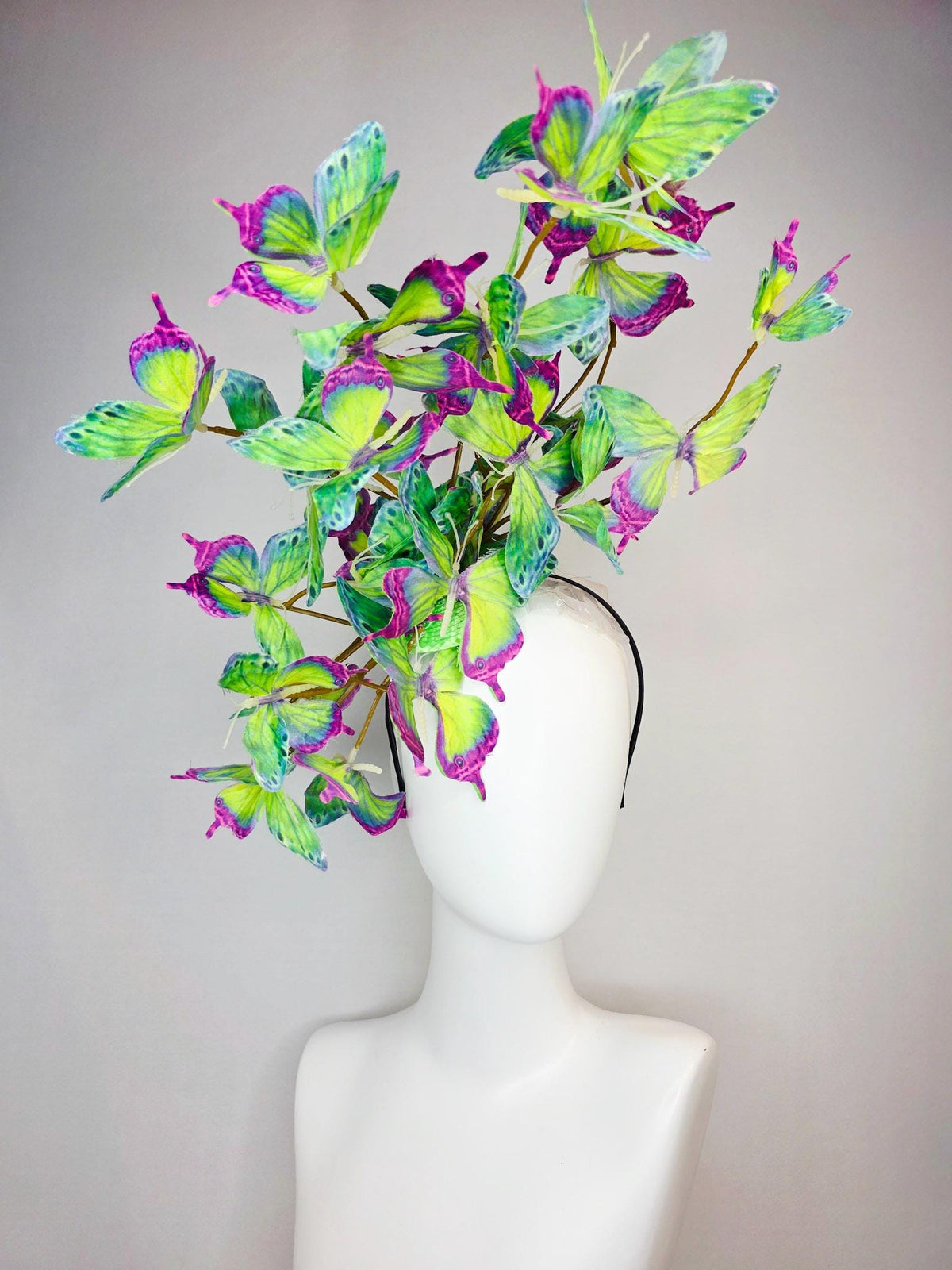 kentucky derby hat fascinator large branching colorful magenta pink purple lime green yellow blue fabric butterflies on headband