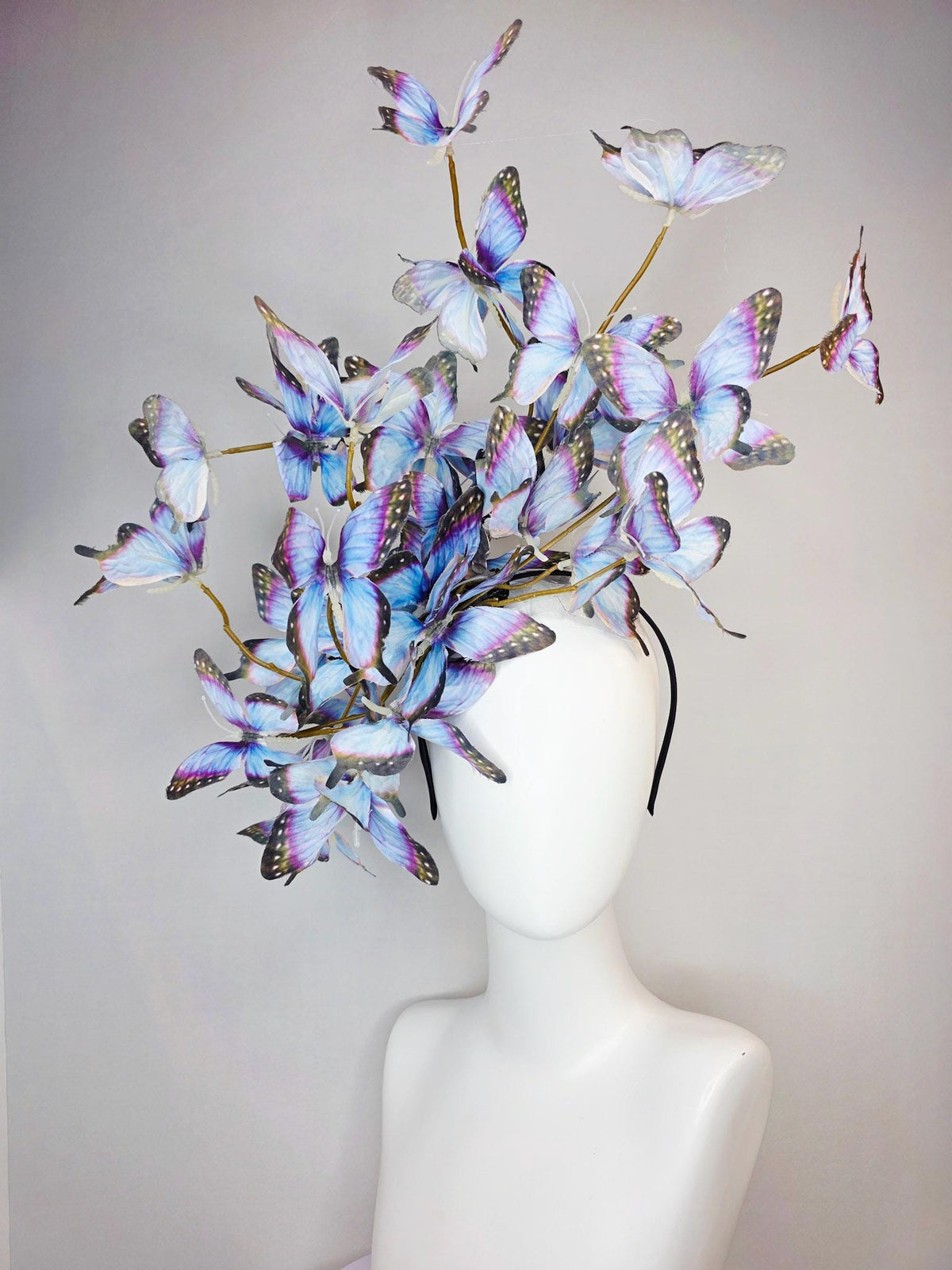 kentucky derby hat fascinator large branching light violet lavender purple light blue black fabric butterflies on headband