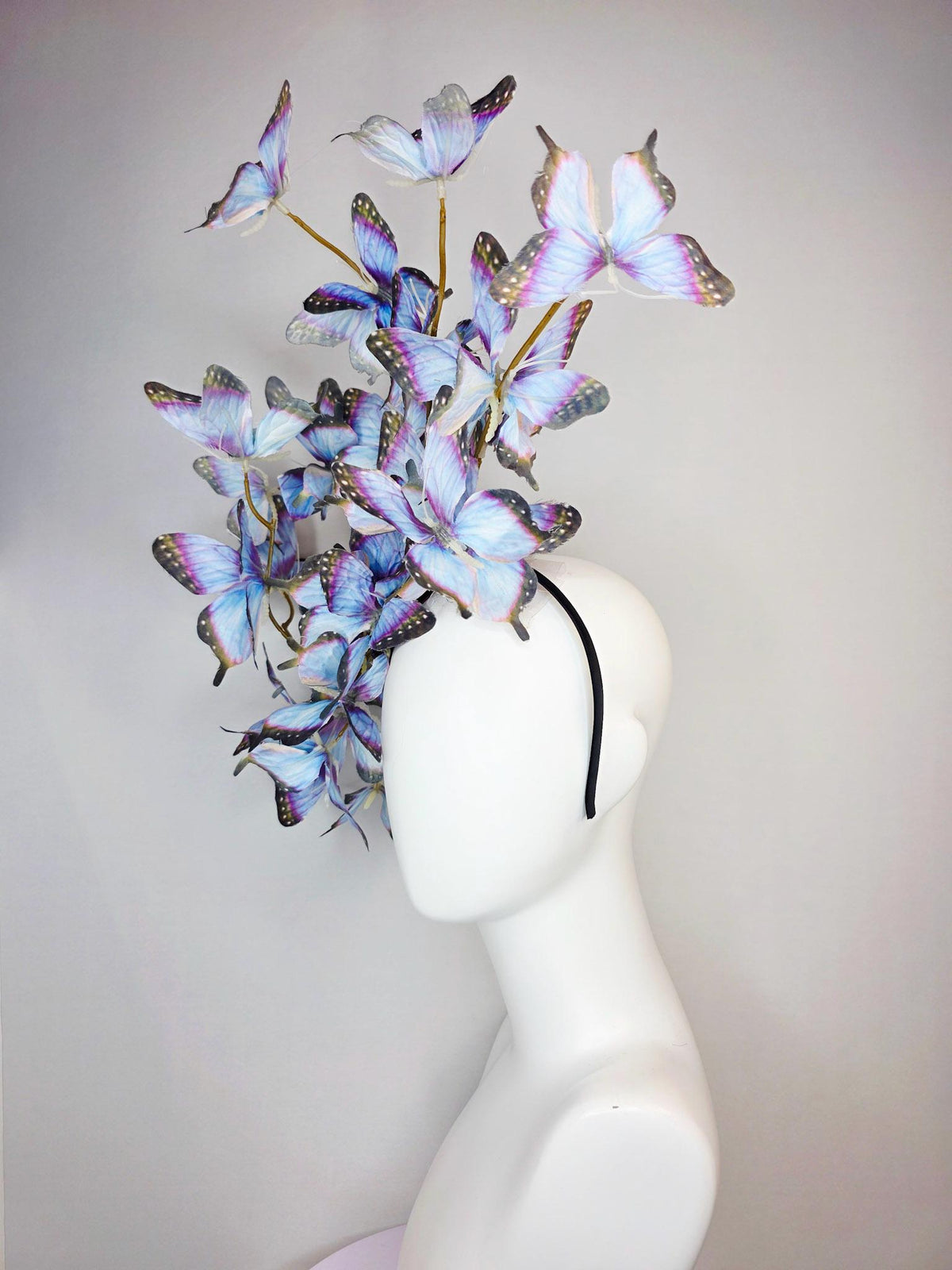 kentucky derby hat fascinator large branching light violet lavender purple light blue black fabric butterflies on headband