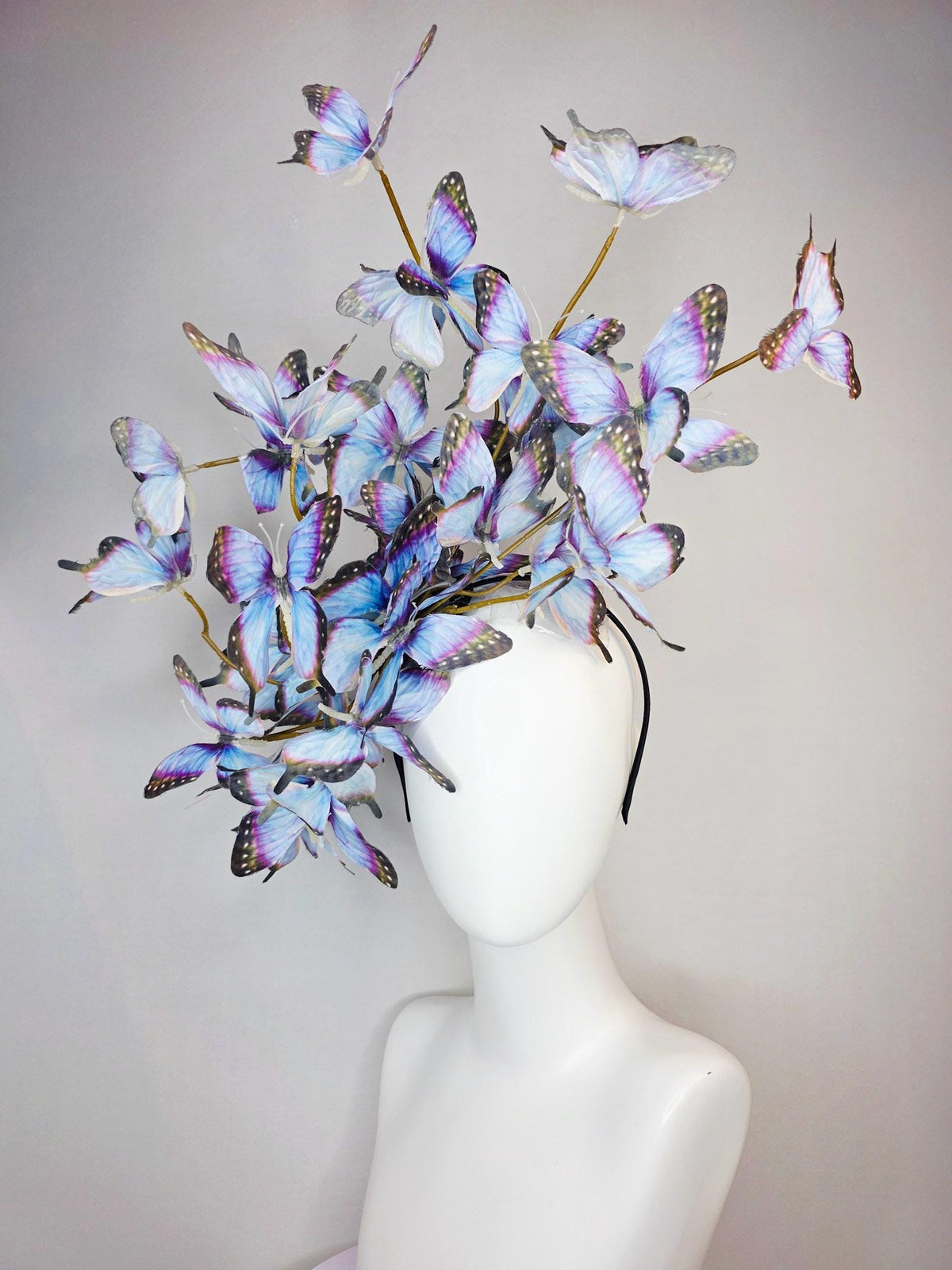 kentucky derby hat fascinator large branching light violet lavender purple light blue black fabric butterflies on headband