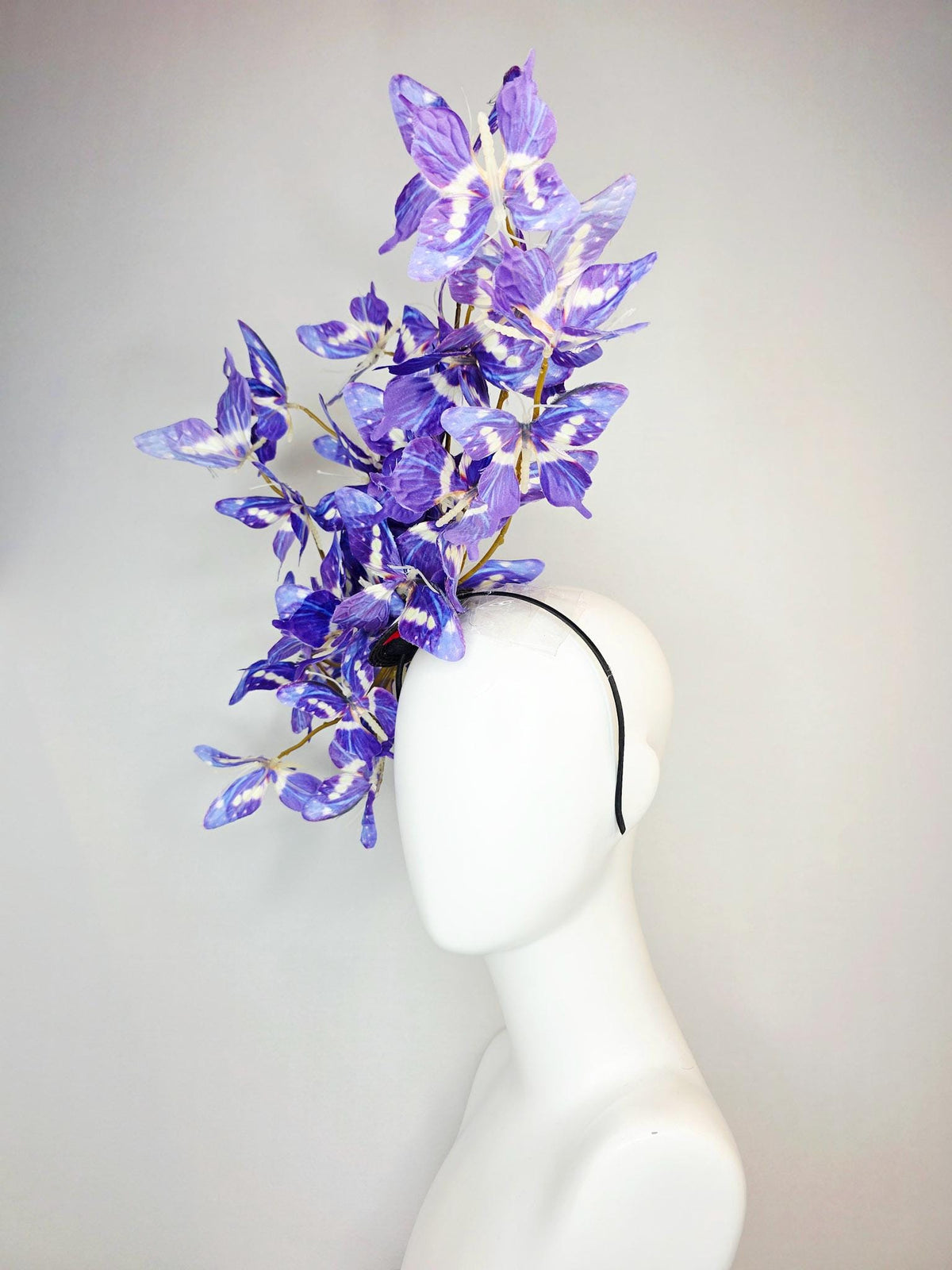 kentucky derby hat fascinator large branching violet lavender purple blue white fabric butterflies on headband