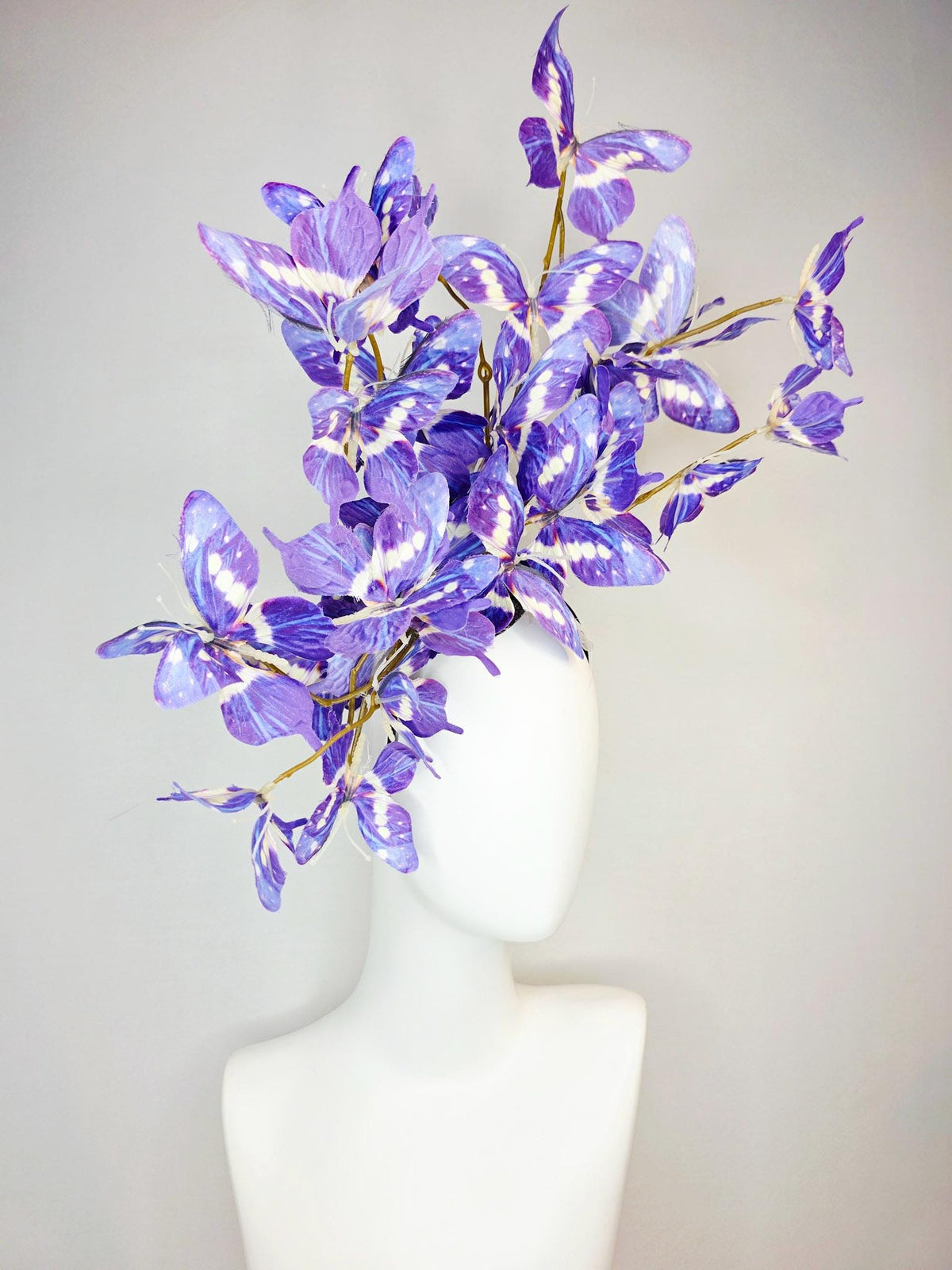 kentucky derby hat fascinator large branching violet lavender purple blue white fabric butterflies on headband