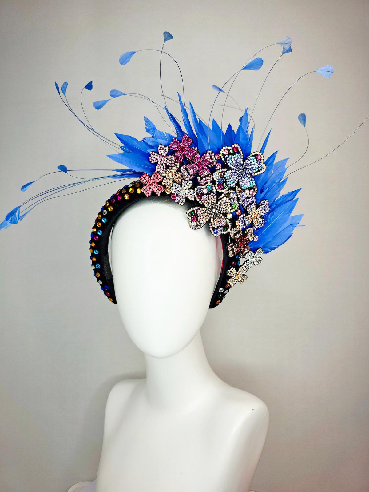 kentucky derby hat fascinator black velvet headband with colorful crystals pink purple blue green gold crystal flowers royal blue feathers
