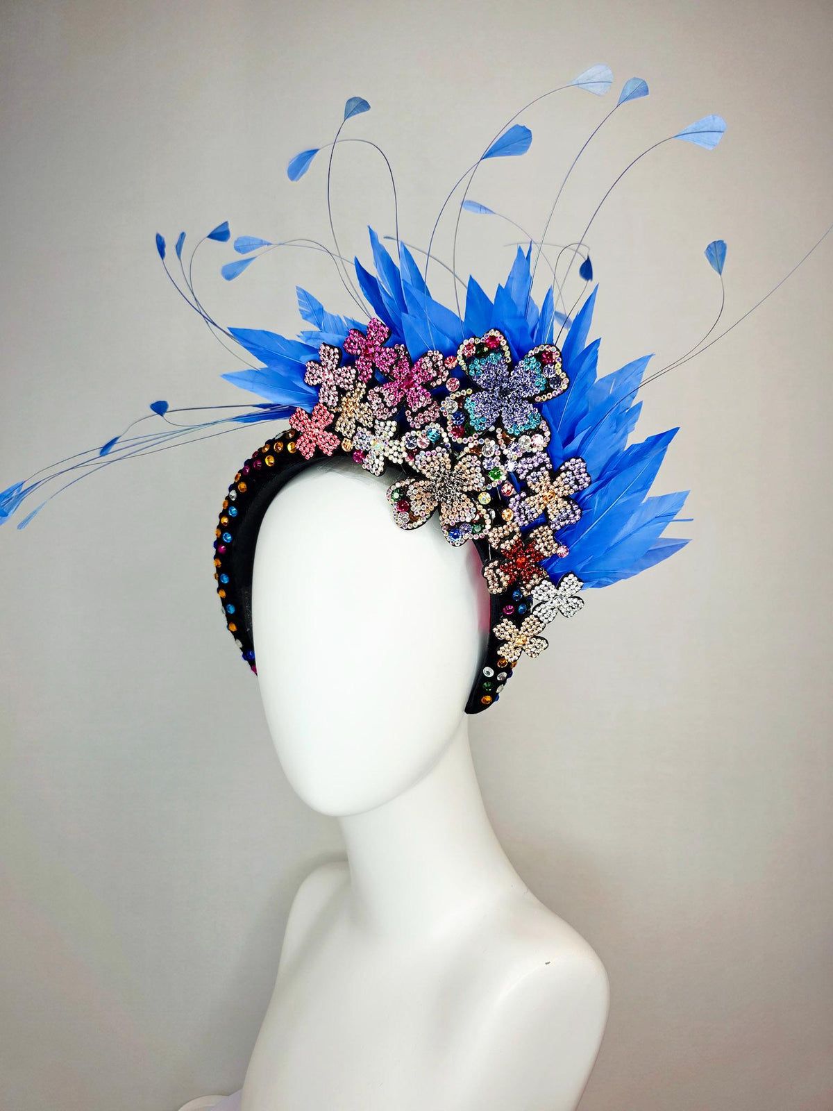 kentucky derby hat fascinator black velvet headband with colorful crystals pink purple blue green gold crystal flowers royal blue feathers