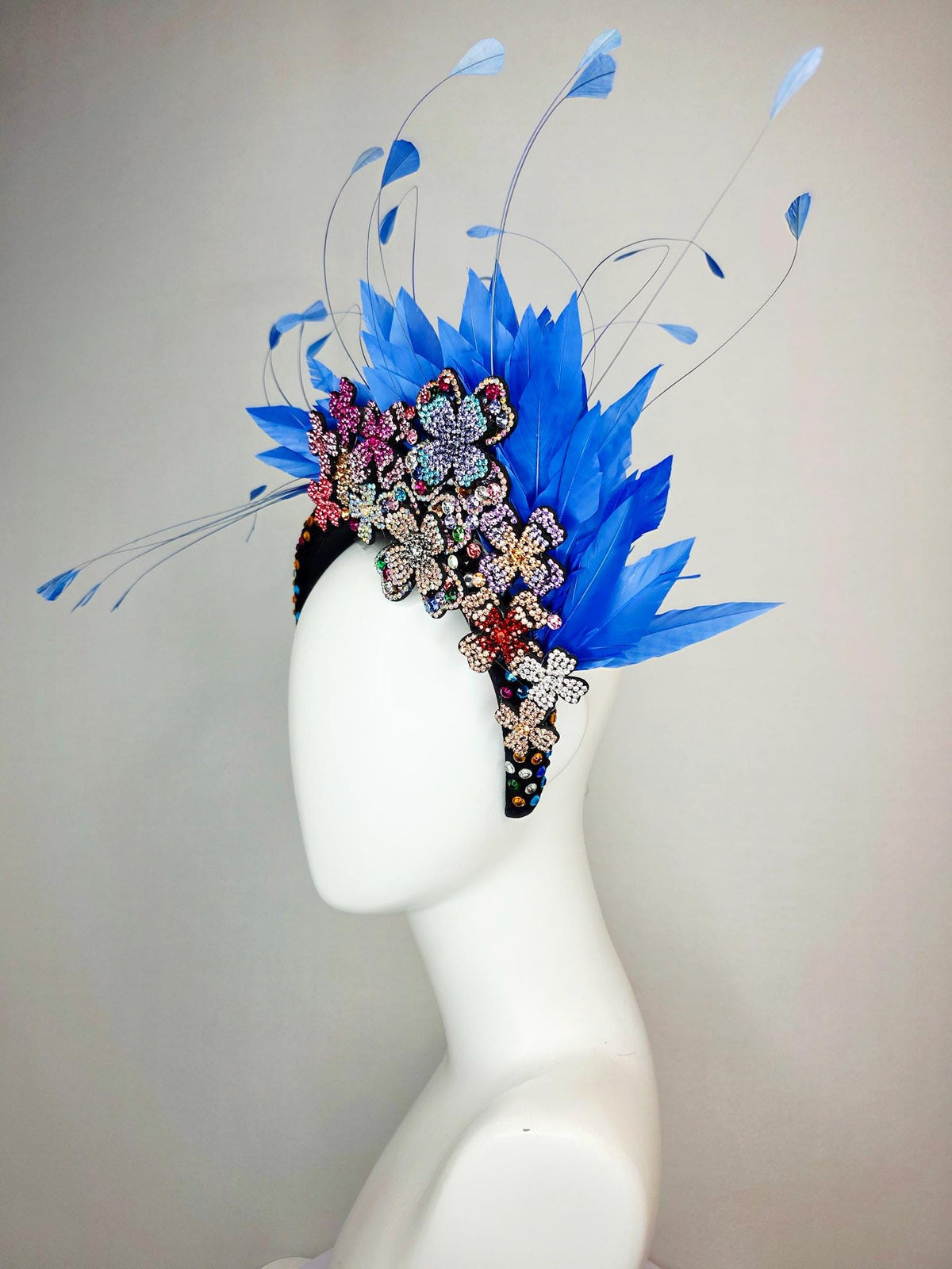 kentucky derby hat fascinator black velvet headband with colorful crystals pink purple blue green gold crystal flowers royal blue feathers