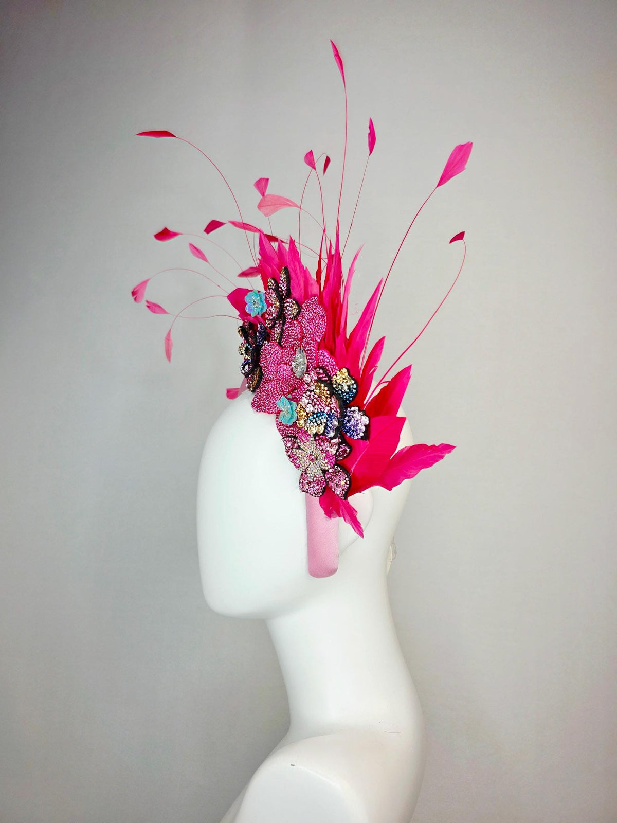 kentucky derby hat fascinator light pink satin headband with light hot pink purple blue gold crystal flowers and hot fuchsia pink feathers